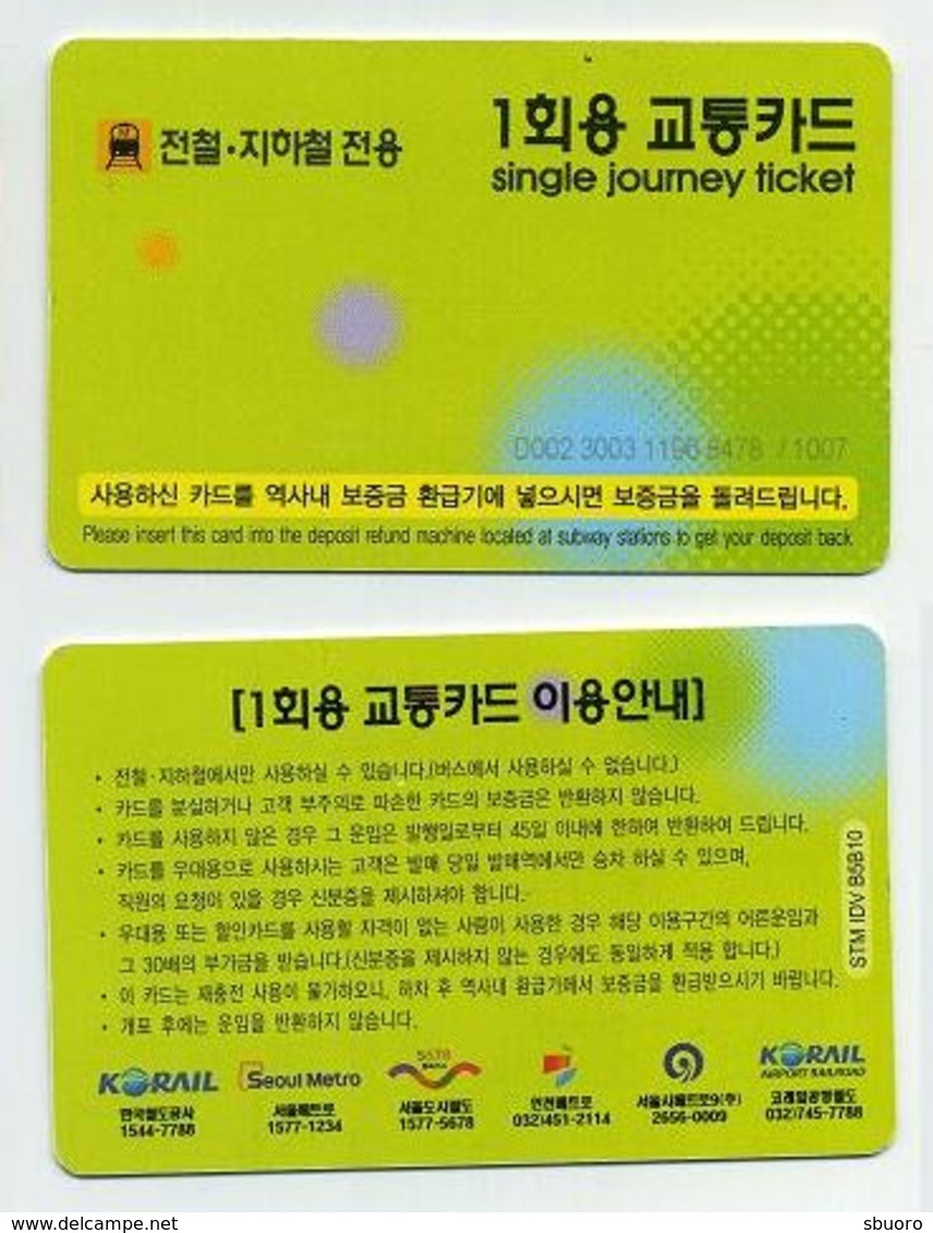 Metro Subway Underground - Single Journey Ticket. Seoul, South Korea Corée Du Sud (Avec Logos Au Dos) - World