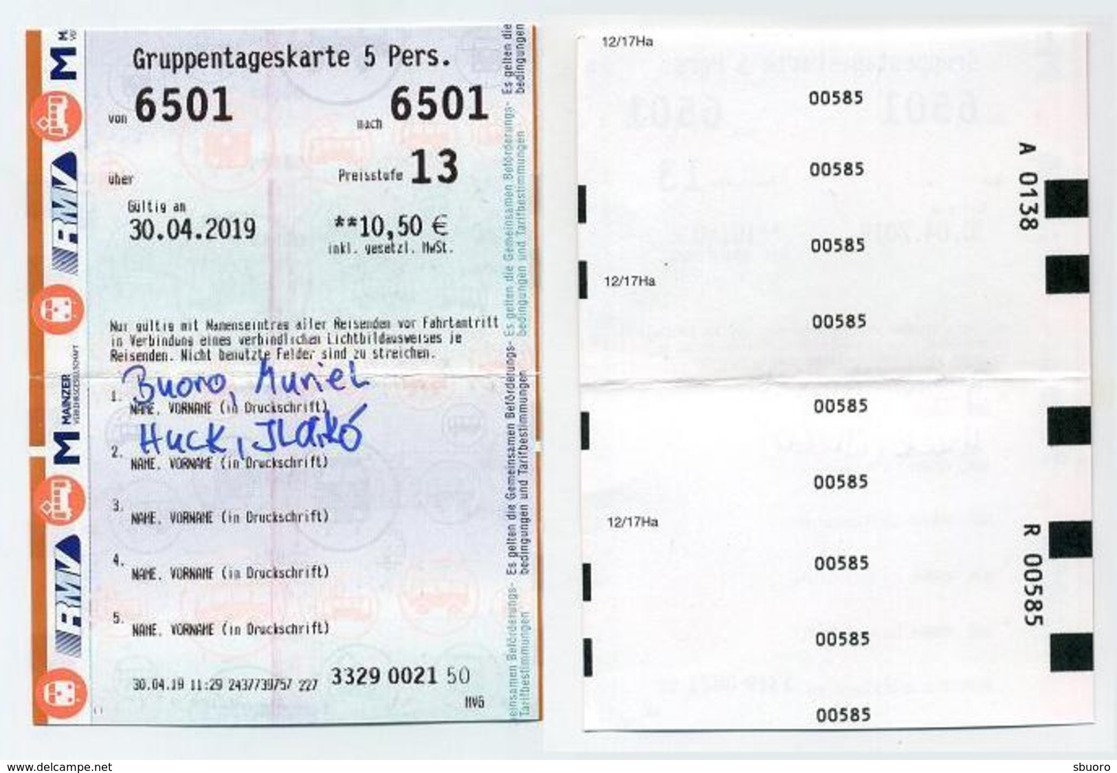 Ticket De Train Allemand Utilisé - Used German Train Day Ticket - Gruppentageskarte 5 Personnen. 2019 - Europa