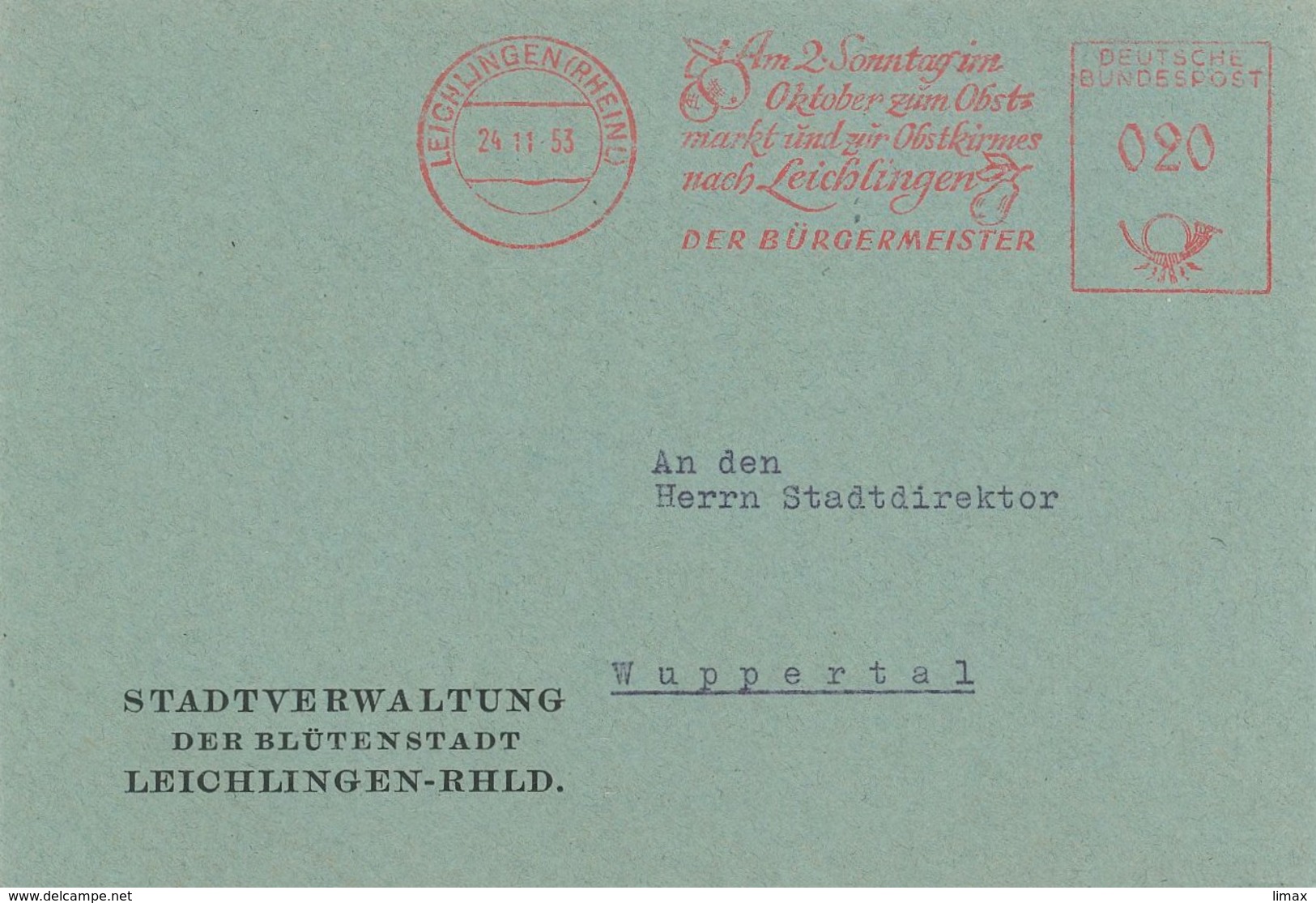 AFS Leichlingen Rhein Obstmarkt Obst Kirmes Bürgermeister Apfel Birne 1953 - Covers & Documents