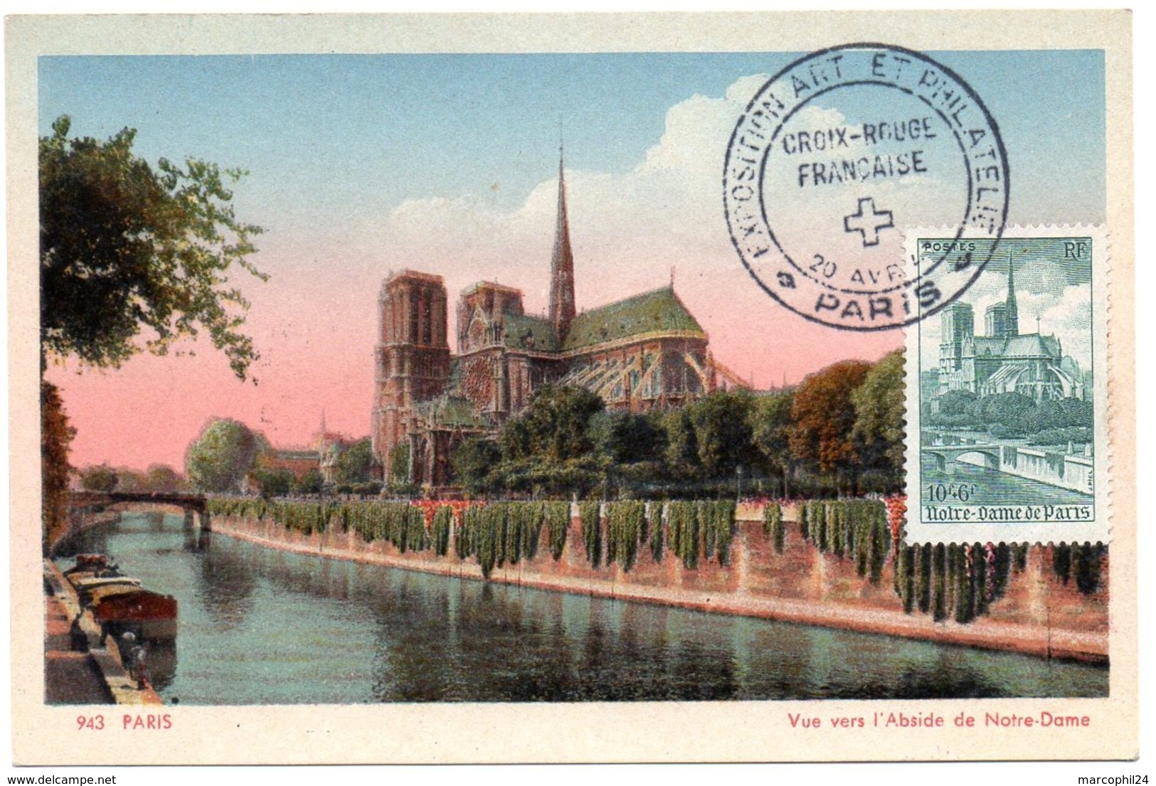 PARIS 1947 = CARTE MAXIMUM  + N° 776 CATHEDRALE NOTRE-DAME + ART ET PHILATELIE + CROIX ROUGE / CP CAP N° 943 - 1940-1949