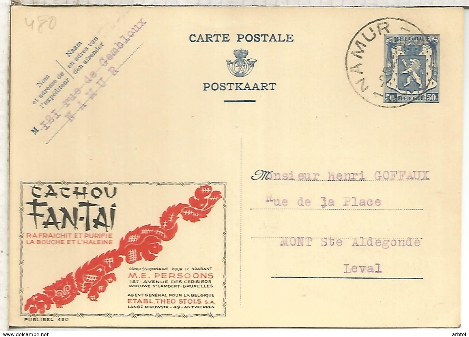 BELGICA ENTERO POSTAL PUBLIBEL CACHOU FAN TAI  MEDICINA FARMACIA - Farmacia