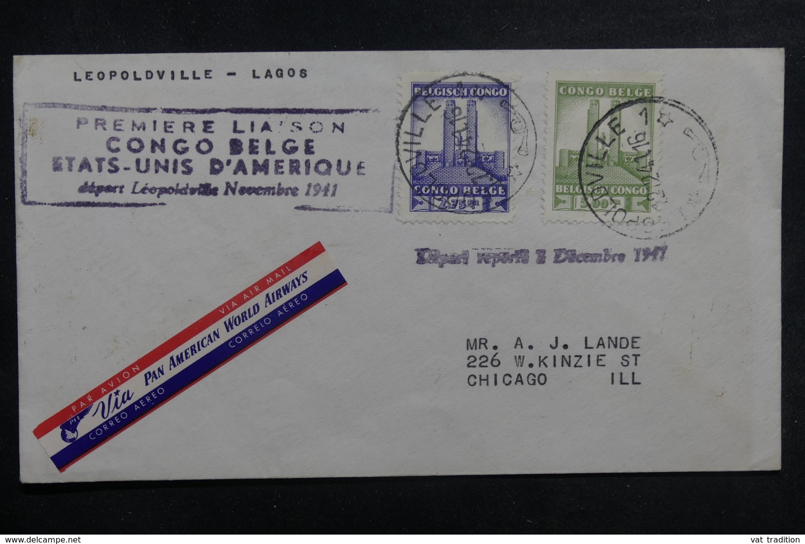 CONGO BELGE - Enveloppe 1 Er Vol Congo Belge / Etats Unis En 1941, Affranchissement Plaisant - L 41726 - Briefe U. Dokumente