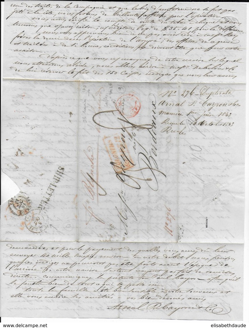 1843 - MARITIME - LETTRE De ILE MAURICE (MAURITIUS) RARE MARQUE COLONIES/&cART.12 SALLES 3003E => BORDEAUX - Poste Maritime