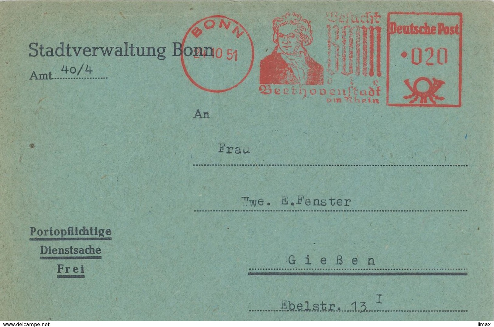 AFS Bonn Beethoven Rhein 1951 "portopflichtige Dienstsache Frei" - Briefe U. Dokumente
