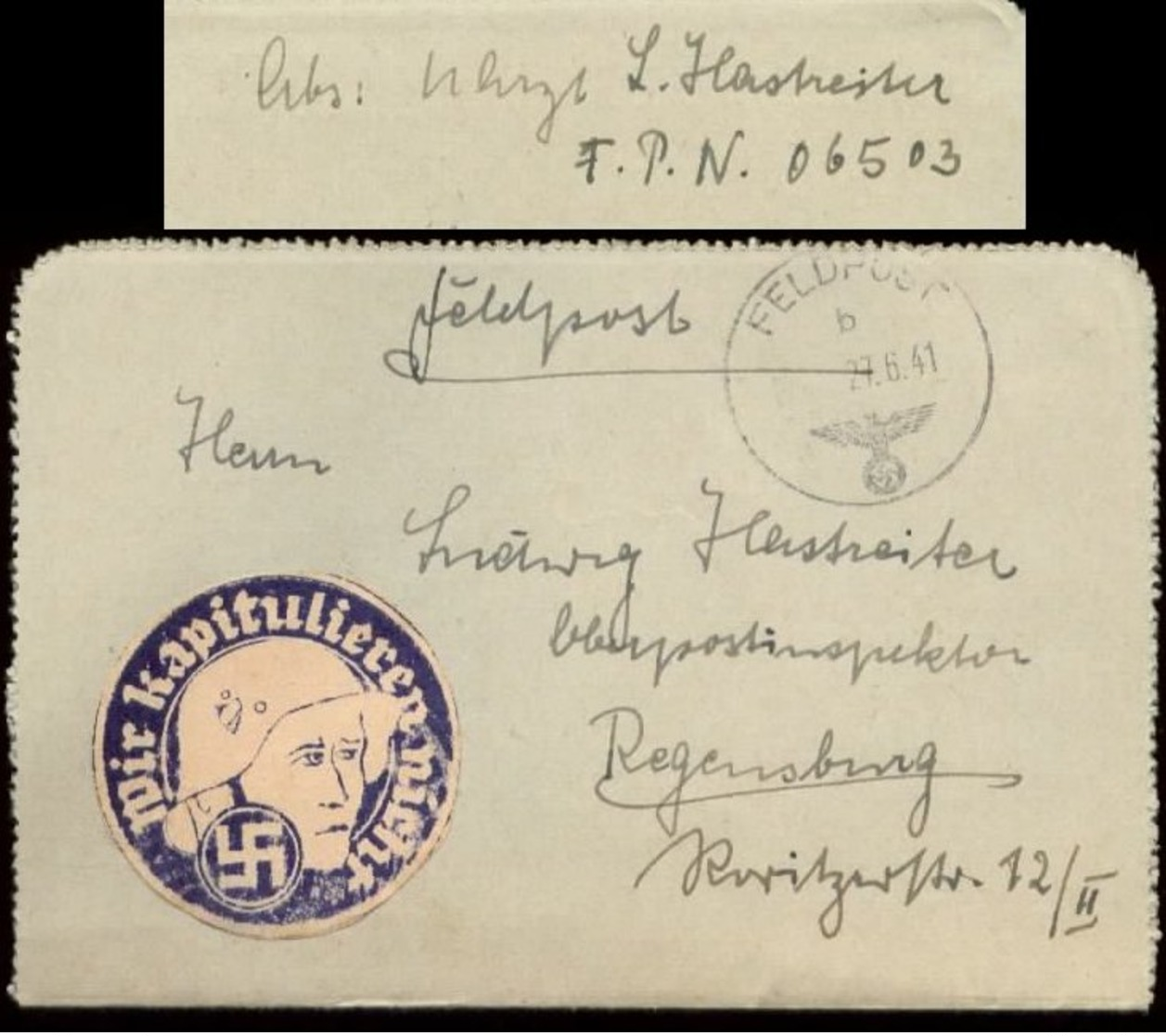 S7939 - DR Feldpost Briefumschlag Mit Vignette , Soldat Mit Stahlhelm , Hakenkreuz , Wir Kapitulieren Nicht: Gebraucht - Lettres & Documents