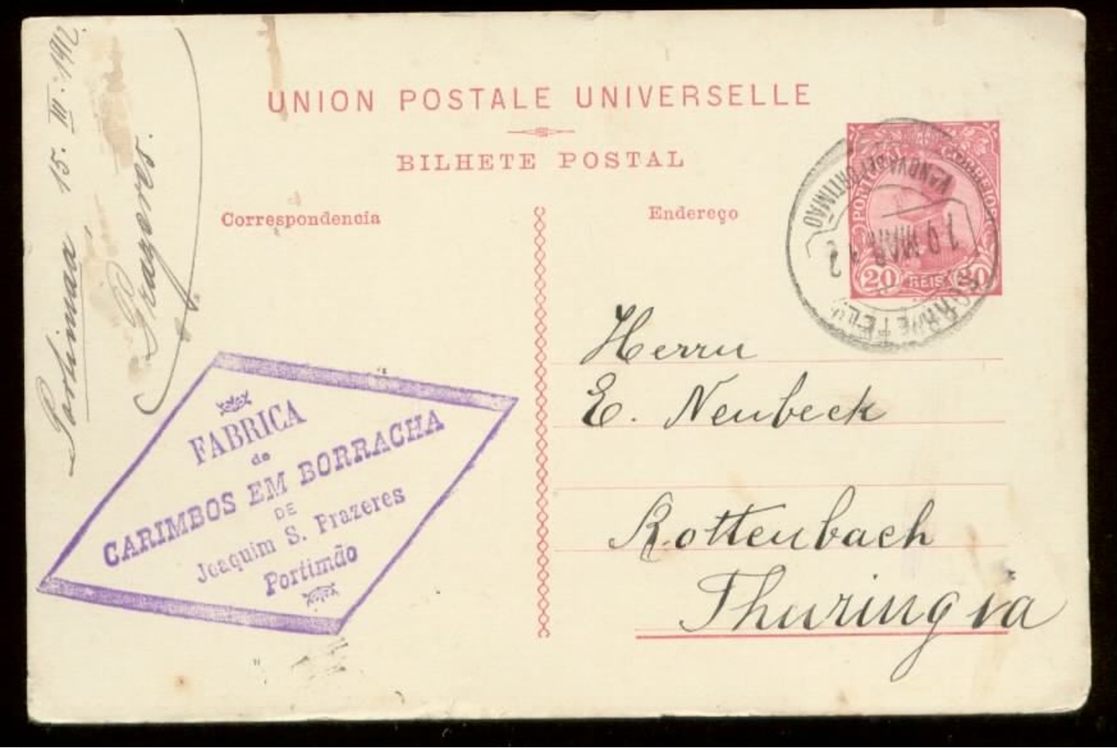 S7978 - Portugal GS Postkarte: Gebraucht Portimao - Rottenbach 1912 , Bedarfserhaltung. - Postal Stationery