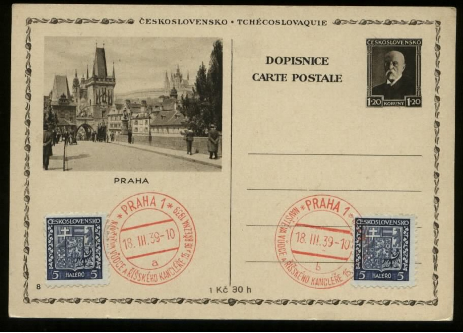 S8270 DR Böhmen Mähren GS Postkarte Bild Prag: Gebraucht Mit Sonderstempel Prag 1939 - Briefe U. Dokumente