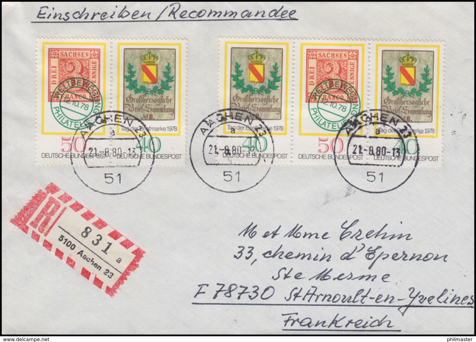 Zusammendrucke Tag D. Briefmarke W Zd 2+3 R-Brief AACHEN 21.8.80 Nach Frankreich - Se-Tenant