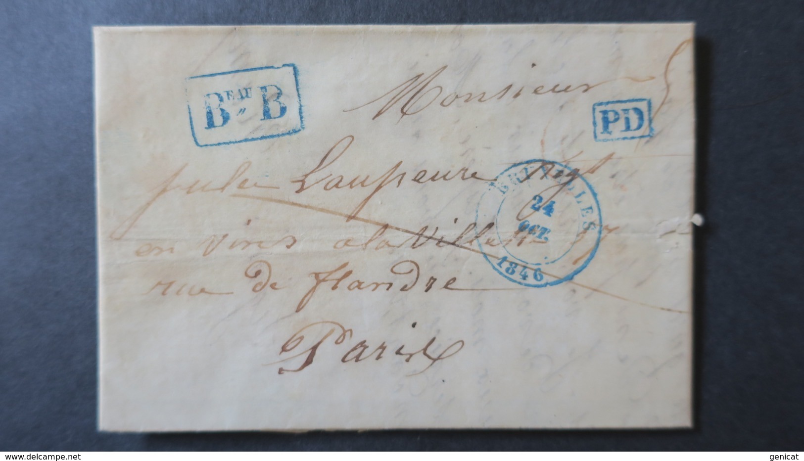 Belgique  Lettre De Bruxelles 1846 Pour Paris Griffe Encadrée " Bureau B " Et PD En Bleu - 1830-1849 (Belgique Indépendante)