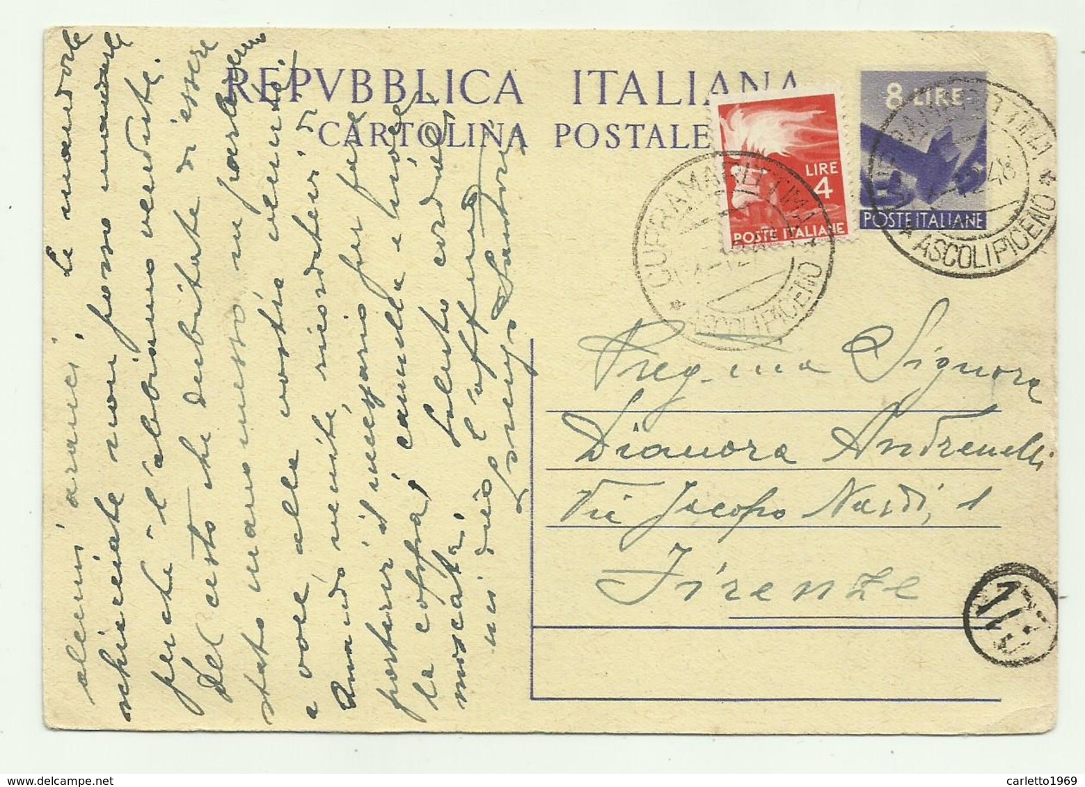 CARTOLINA POSTALE REPUBBLICA LIRE 8 + LIRE 4 1948 FG - 1946-60: Marcophilia