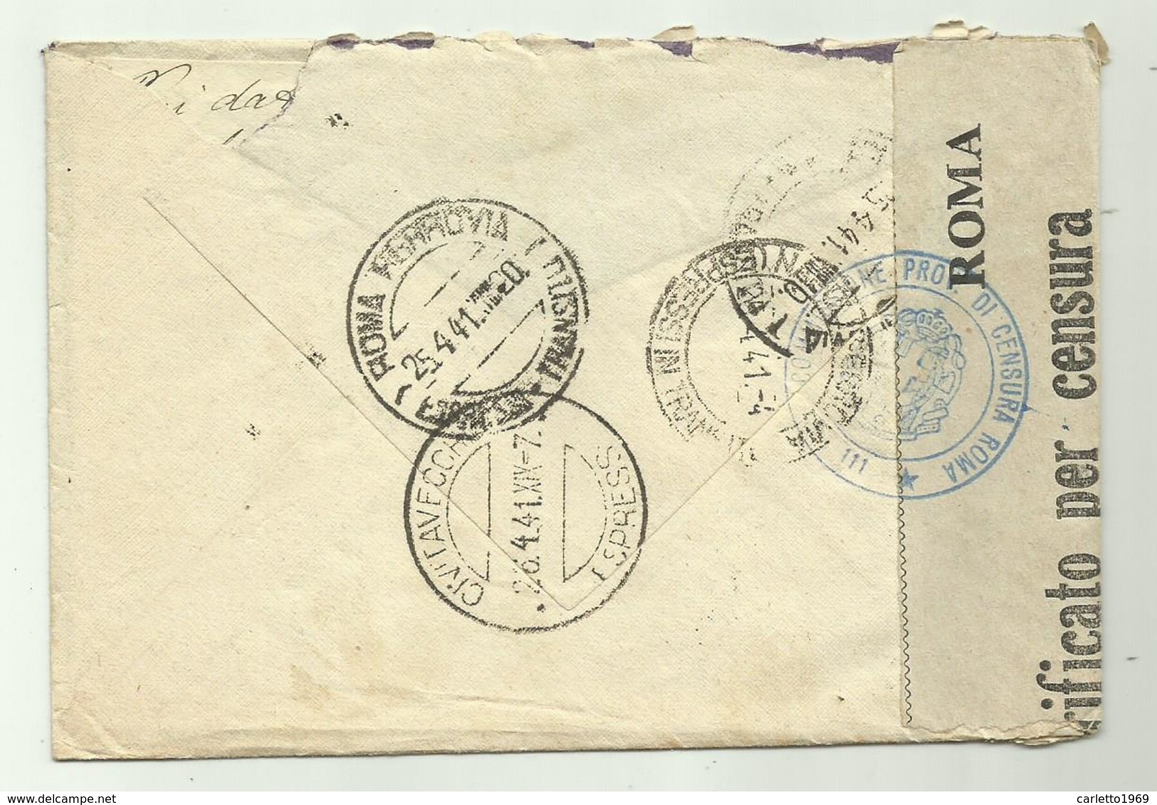 FRANCOBOLLI CENT. 50 + ESPRESSO LIRE 1,25 CON CENSURA COMMISSIONE ROMA 1941  SU BUSTA - Poststempel