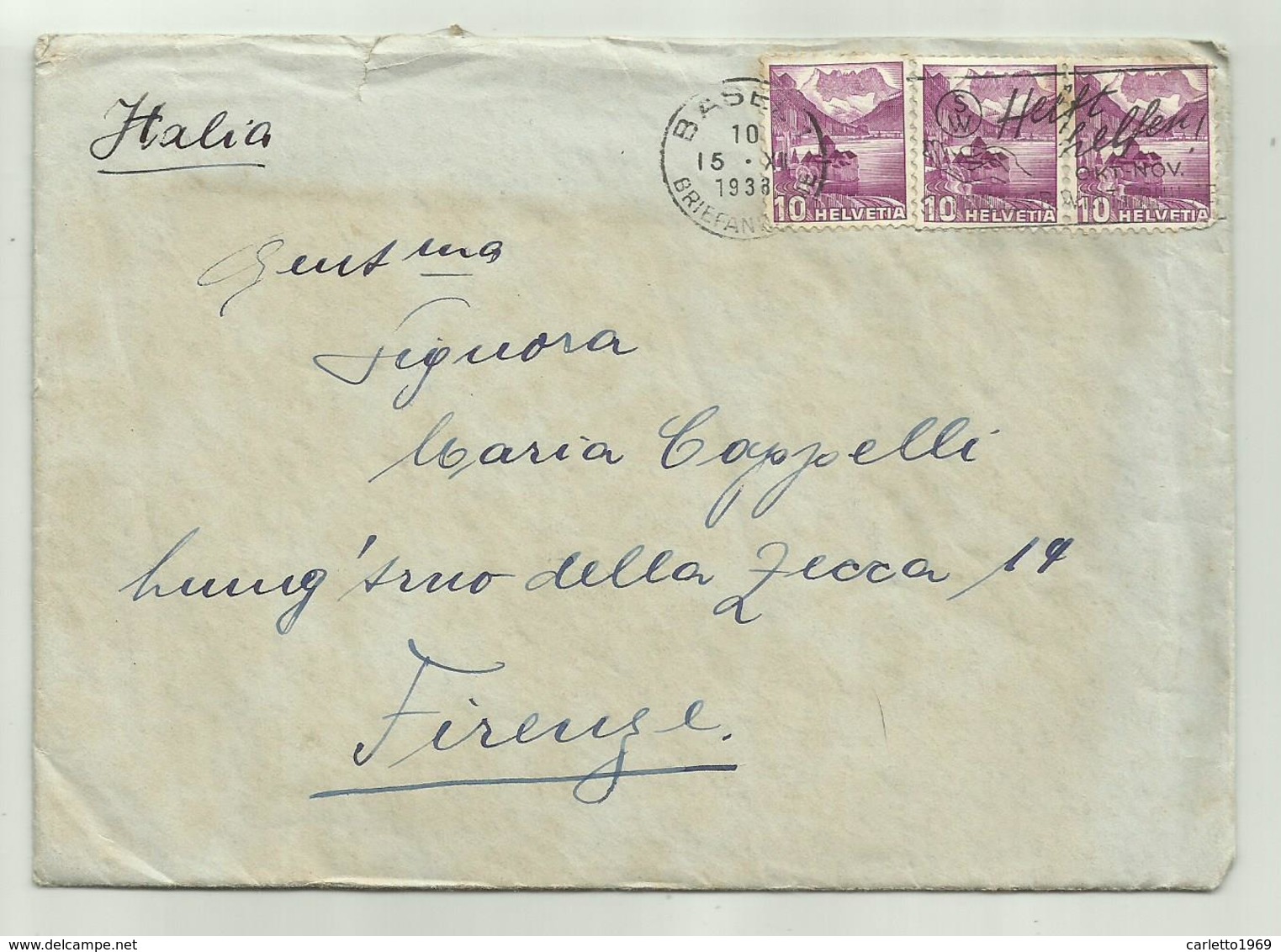 3 FRANCOBOLLI CENT. 10 HELVETIA  1938   SU BUSTA - Used Stamps
