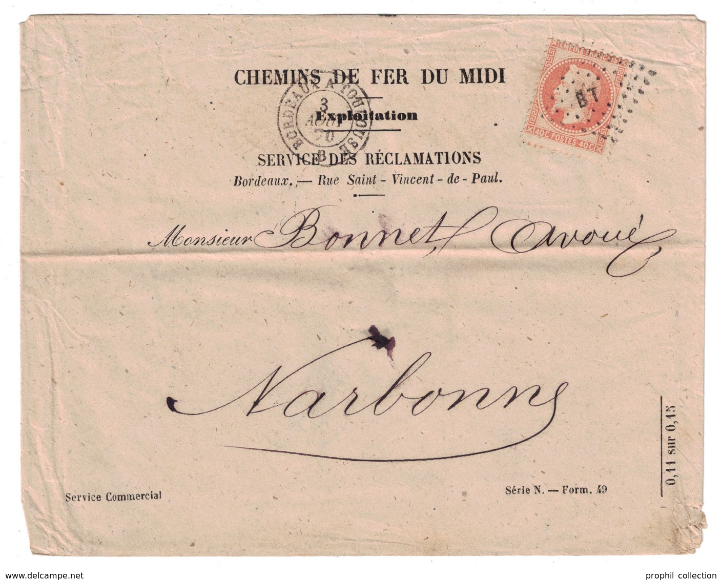 1870 - LETTRE Des CHEMINS DE FER DU MIDI AFFRANCHIE À 40c NAPOLEON N° 31 OBL. CAD AMBULANT BORDEAUX À TOULOUSE BT - 1849-1876: Période Classique