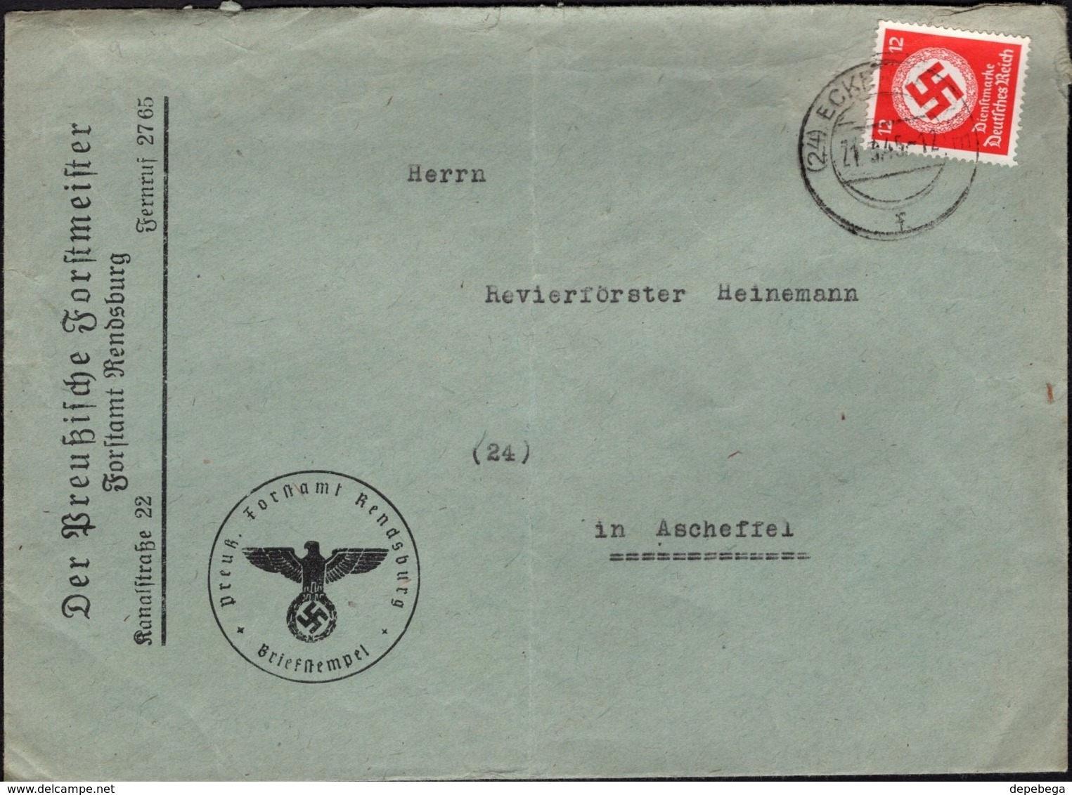 Germany - Dienstpost EF Brief, Der Preussische Forstmeister Rendsburg-Eckernförde 21.3.1945 N. Ascheffel. - Dienstzegels