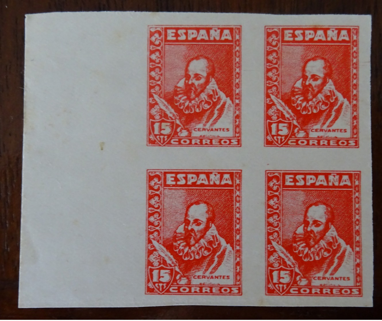 &64& SPAIN, ESPAÑA PRUEBA LAIZ 82 PB MNH** CERVANTES EN BLOQUE DE 4, ALGUNA SOMBRA. SOME TONED SPOTS, SEE PICTURES. - Ensayos & Reimpresiones