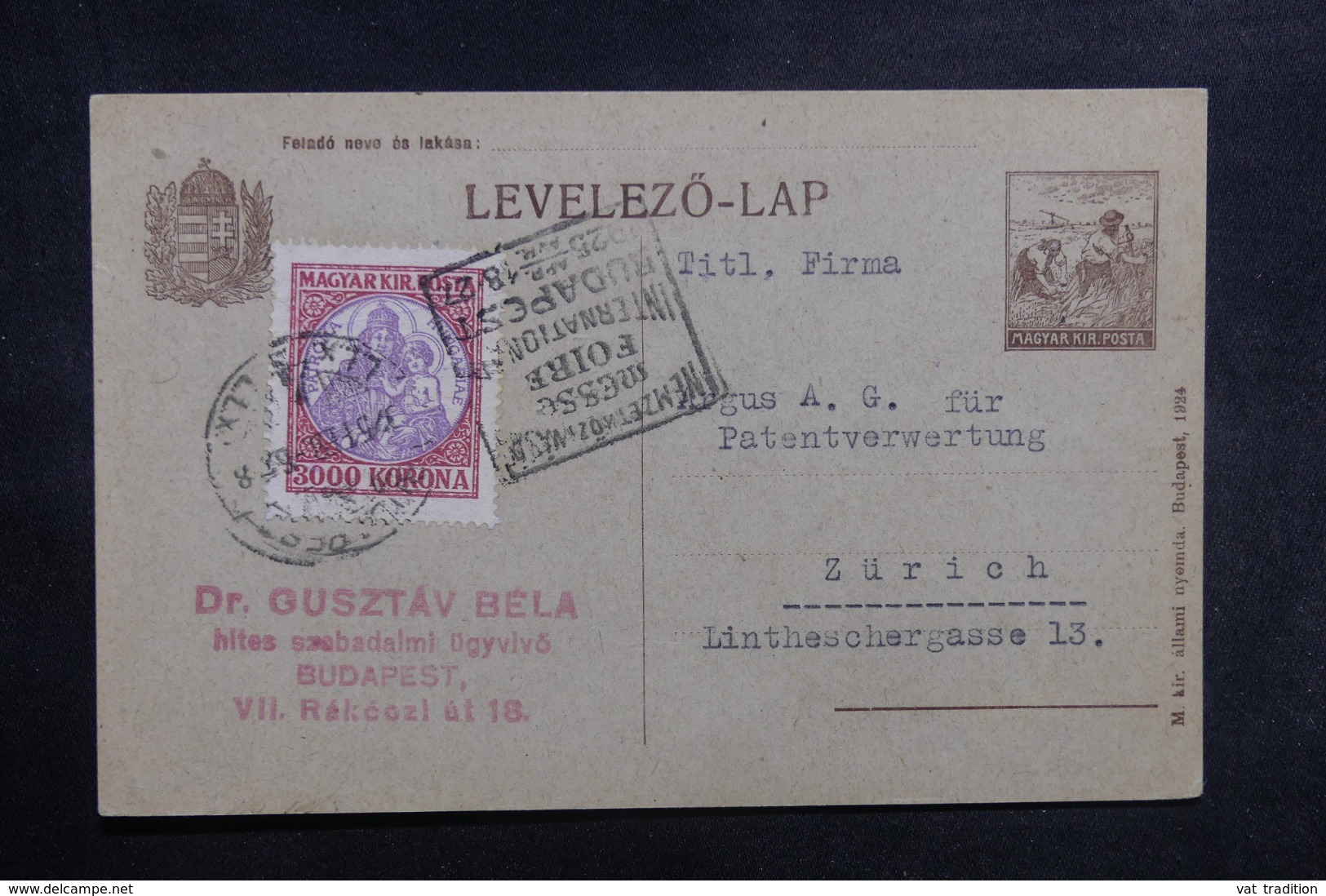 HONGRIE - Entier Postal + Complément De Budapest Pour Zürich En 1925, Oblitération De La Foire Internationale - L 41789 - Ganzsachen