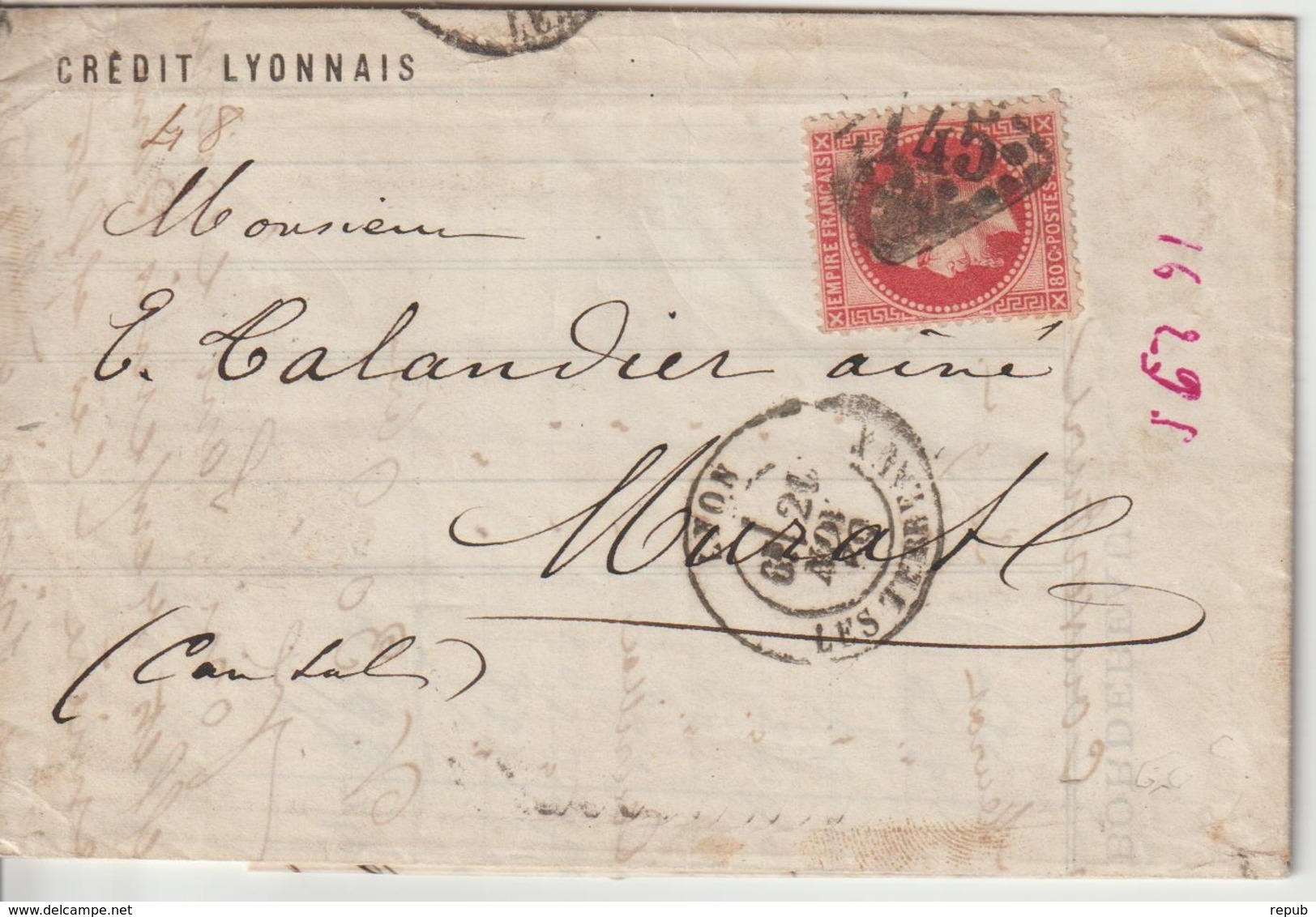 Lettre 1869 De Lyon Les Terreaux Pour Murat Cantal Avec 32 Oblit. GC2145 - 1849-1876: Période Classique