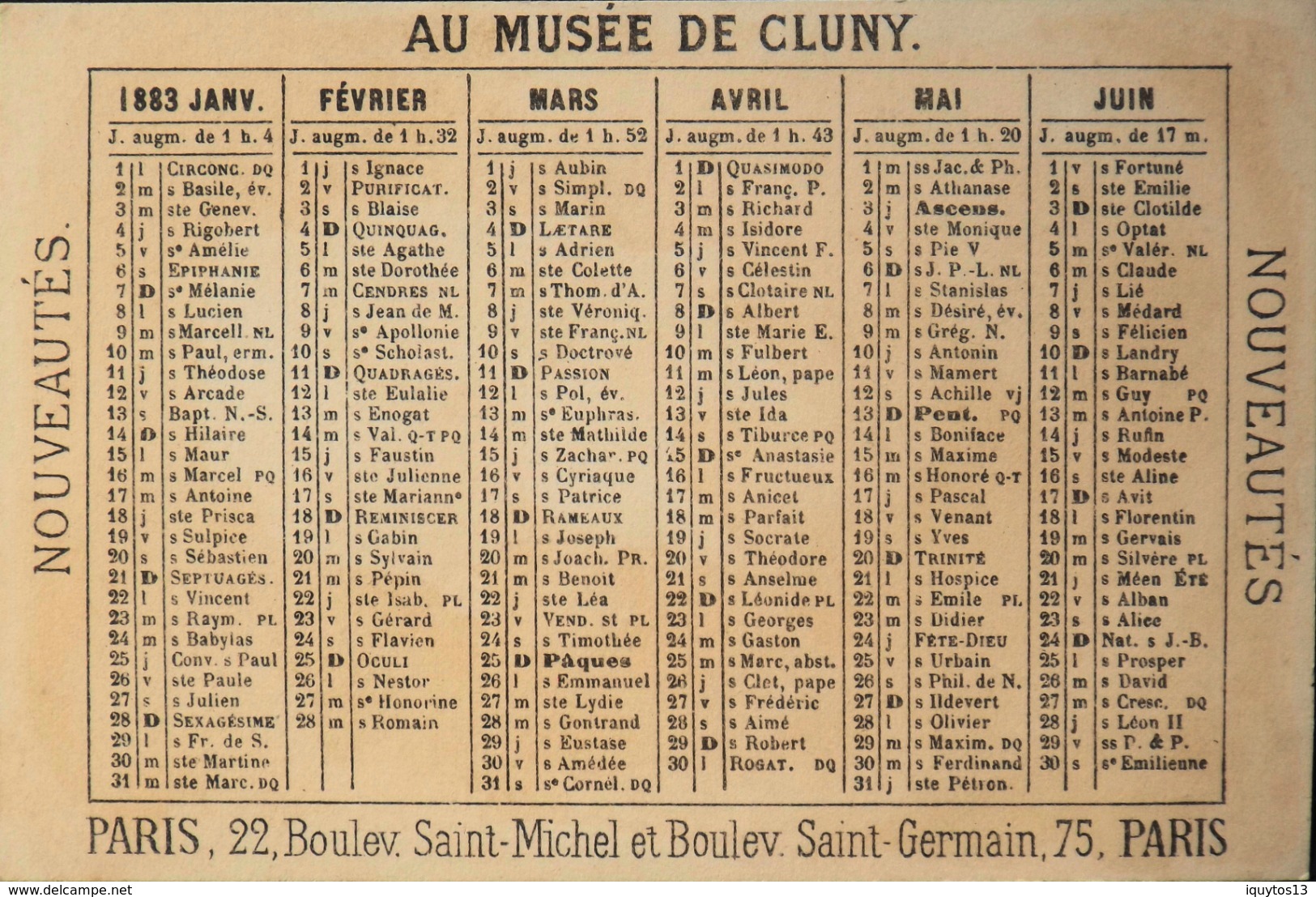 PETIT CALENDRIER DORE De 1883 - RAPHAEL Magasin "AU MUSEE De CLUNY" Nouveautés Paris  -TBE - Kleinformat : ...-1900