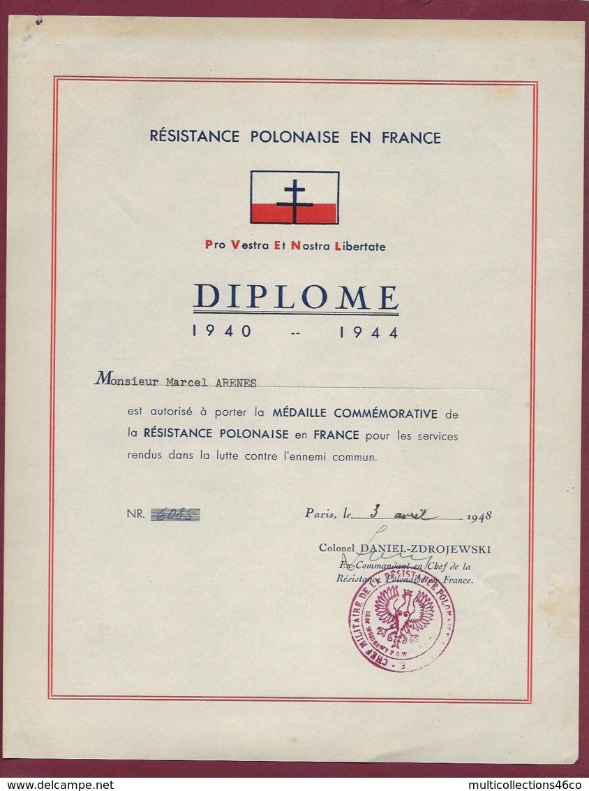 280819 - MILITARIA GUERRE 1939 45 - DIPLOME 1940 1944 Résistance Polonaise En France Colonel Daniel ZDROJEWSKI - France