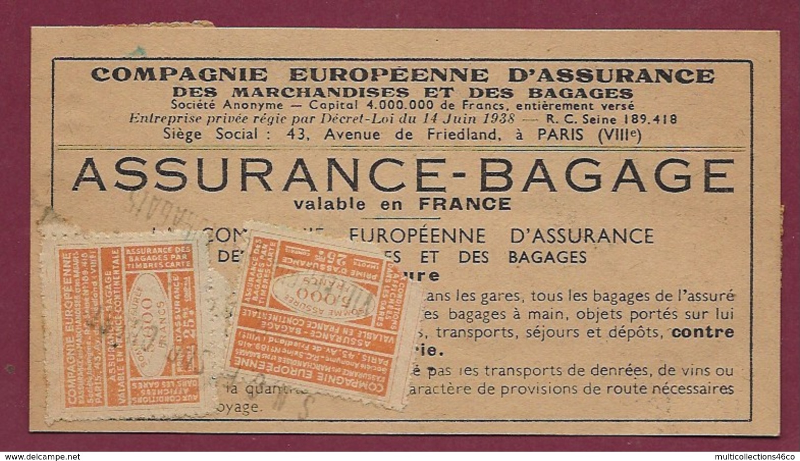 280819 - CHEMIN DE FER SNCF SUD OUEST Assurance Bagage VILLEFRANCHE DE LAURAGAIS - Gare Train - Bank & Versicherung