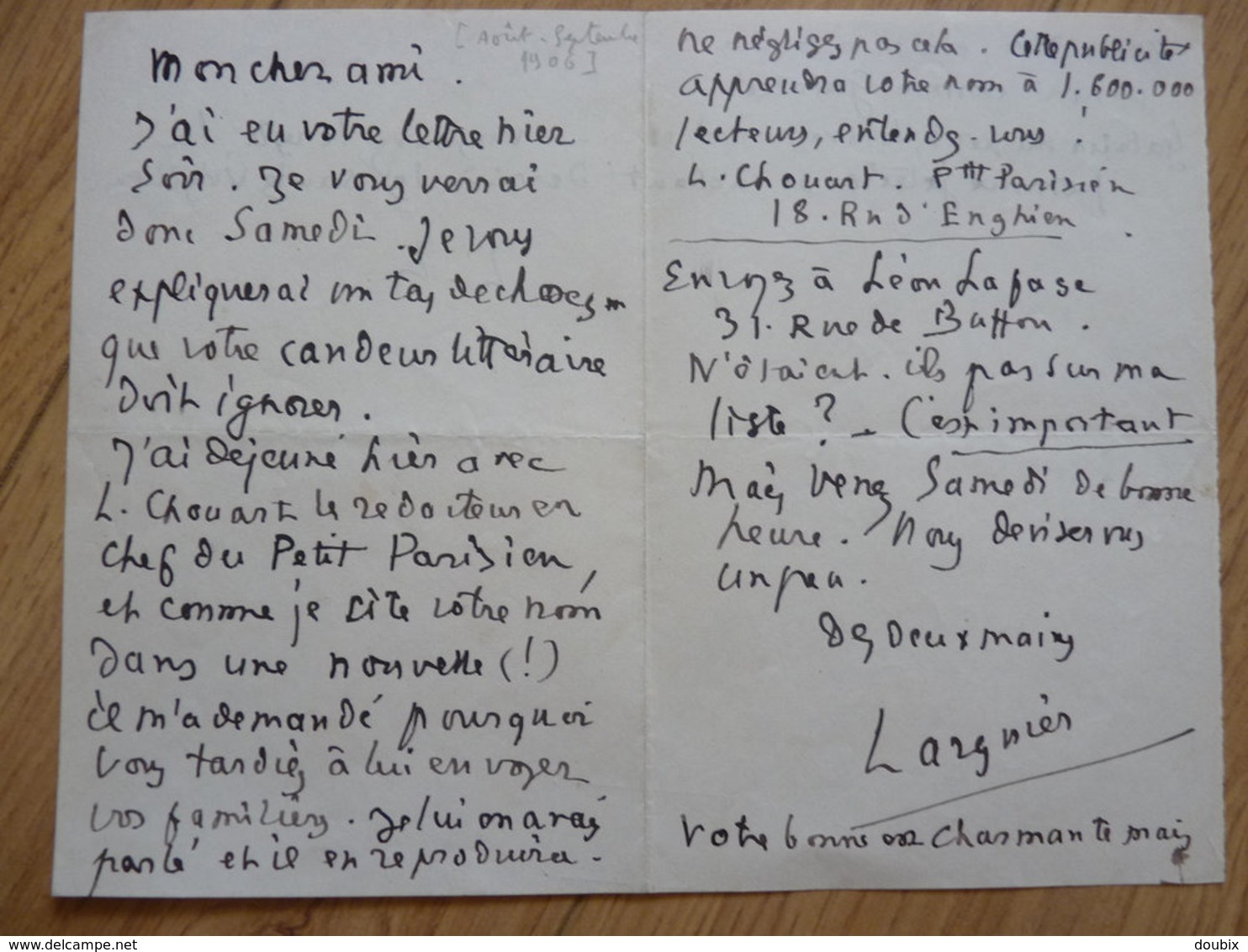 Leo LARGUIER (1878-1950) Poète ECRIVAIN Académie GONCOURT - AUTOGRAPHE à Abel Bonnard. - Other & Unclassified