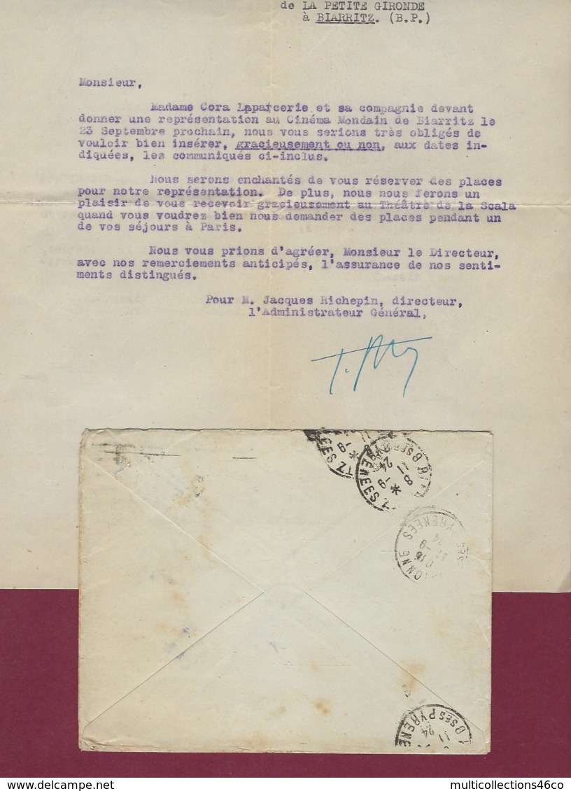 280819 - THEATRE 1924 - TOURNEES CORA LAPARCERIE Correspondance Au Journal LA PETITE GIRONDE Biarritz Cabaret Spectacle - Otros & Sin Clasificación