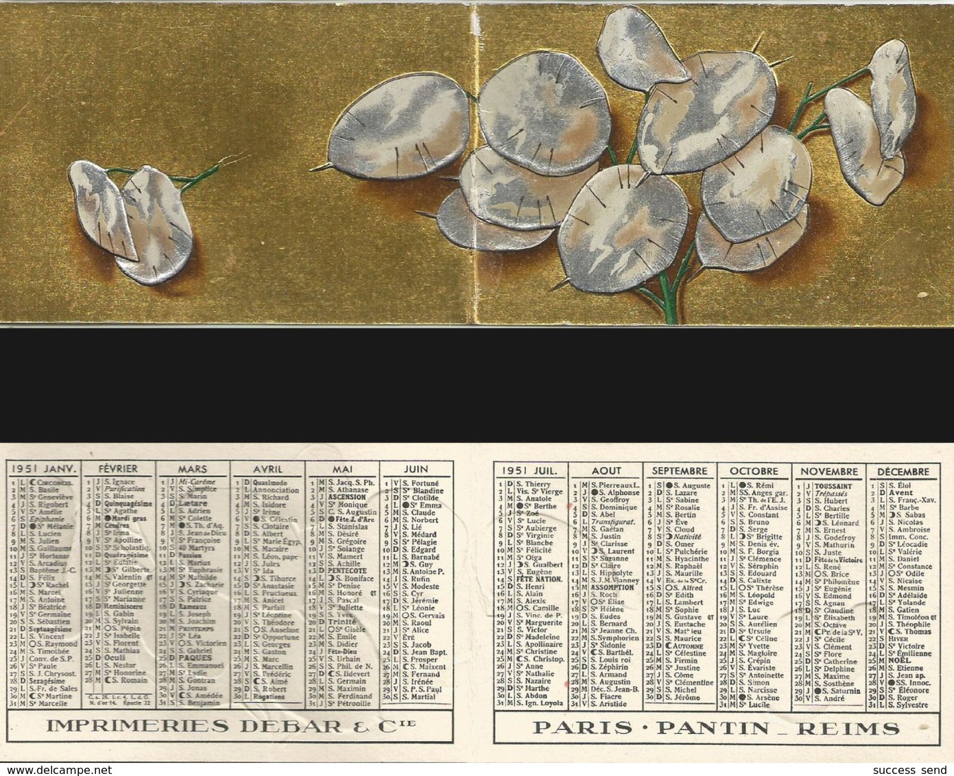 CALENDRIER DE POCHE Ancien Année 1951. Imp. Debar Reims. Décors Relief Nénuphars - Petit Format : 1941-60