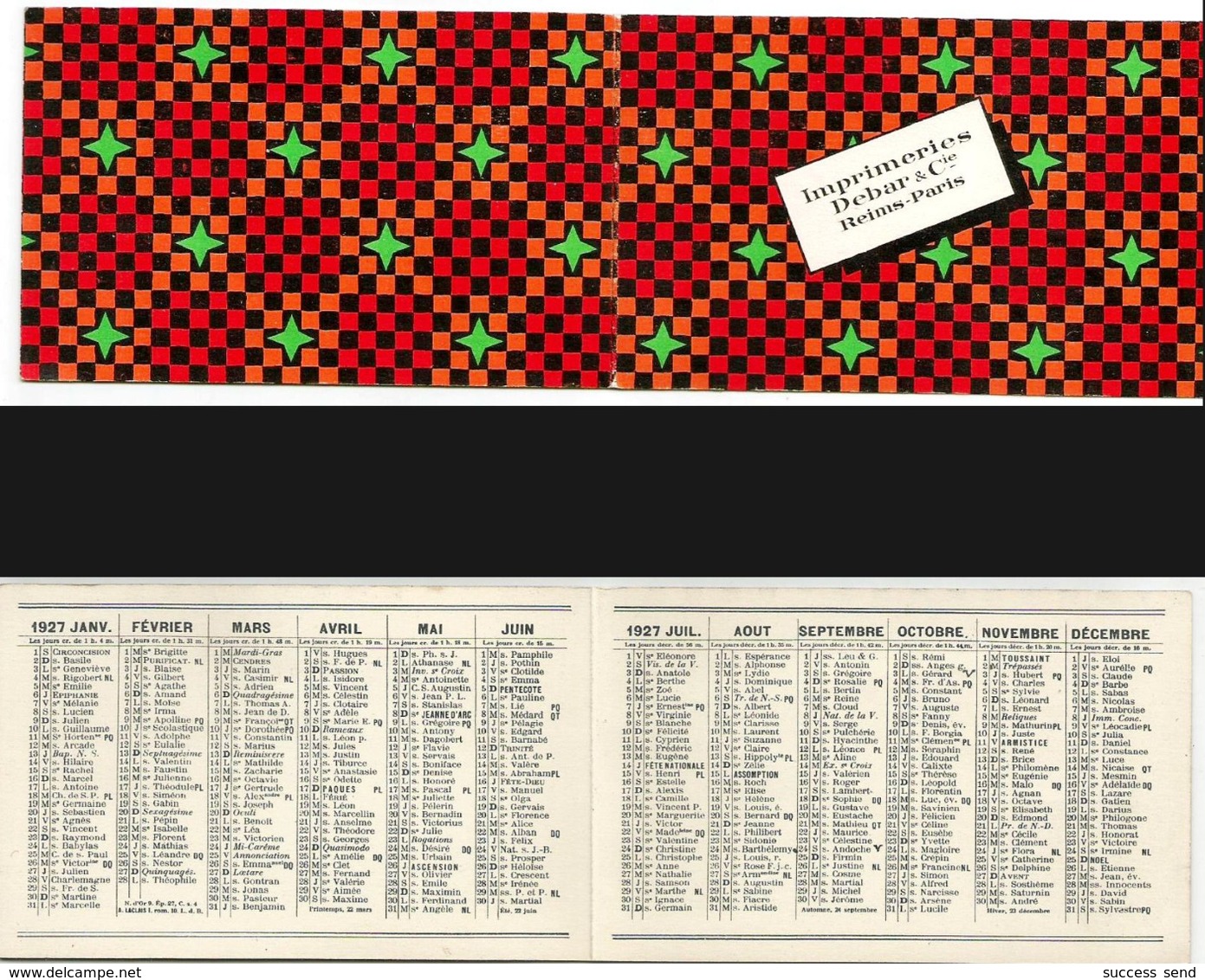 CALENDRIER DE POCHE Ancien. Année 1927. Imp. Debar Reims. Décors Cubique - Klein Formaat: 1921-40