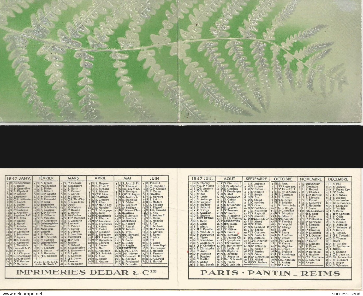 CALENDRIER DE POCHE Ancien. Année 1947. Imp. Debar Reims. Décors Fougères - Petit Format : 1941-60