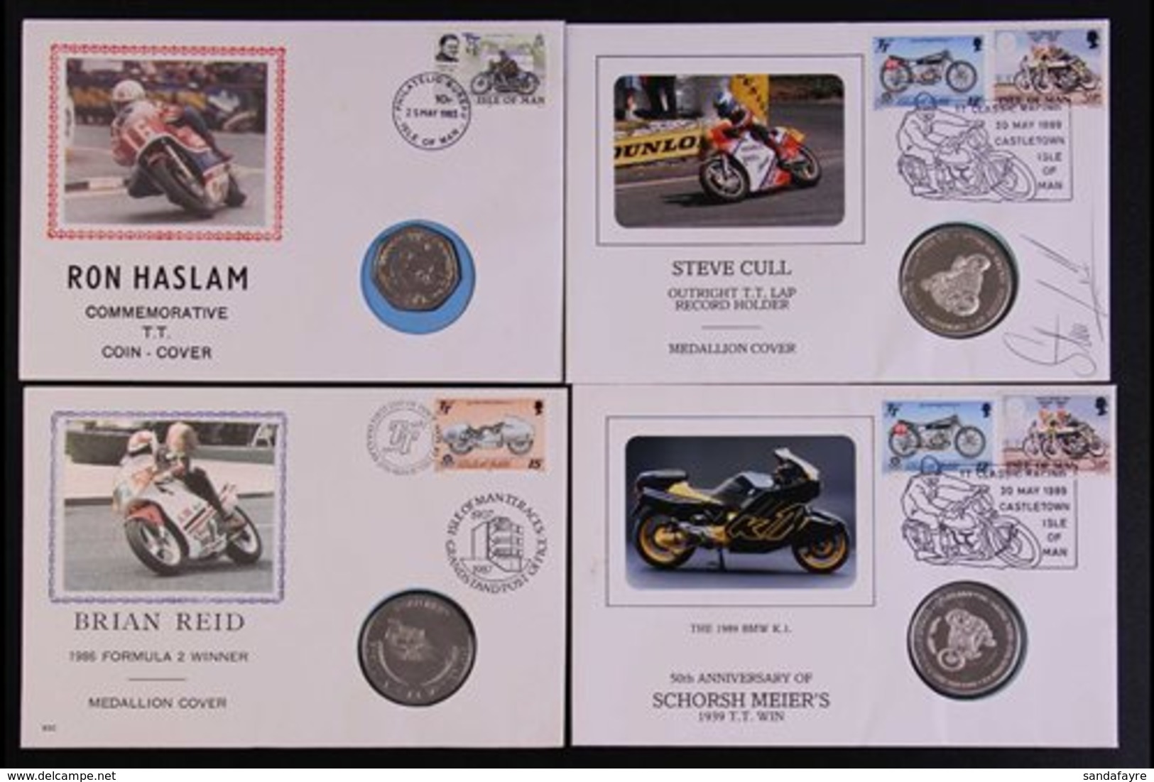 MOTORCYCLES ISLE OF MAN 1983-1989 Four Different Illustrated Unaddressed Special COIN & MEDAL COVERS, One Signed Steve C - Non Classificati