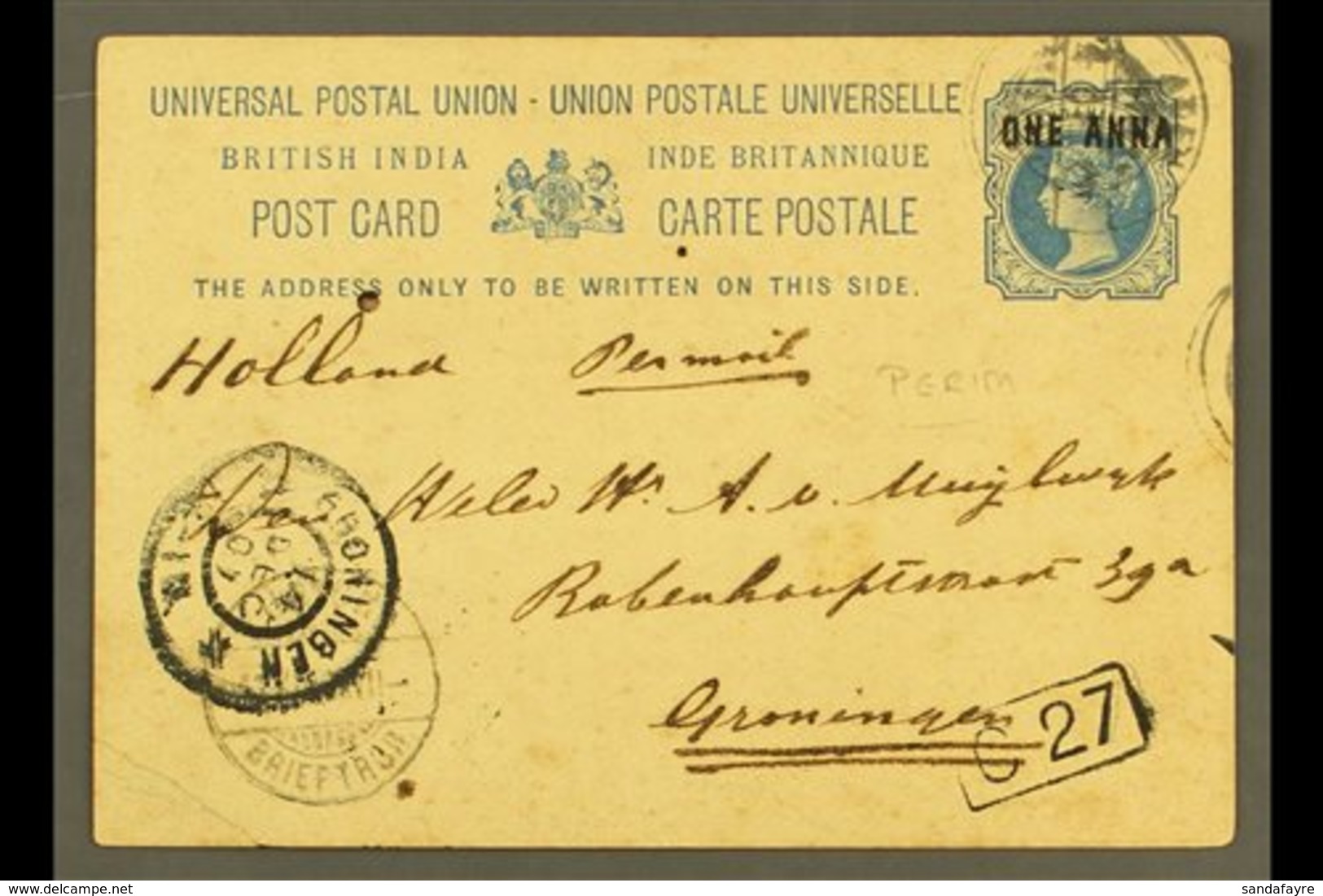 1901 India 1a On 1½a Postal Card From Perim To Holland, Aden Cds Cancel, Alongside Groningen Receiving Cds. For More Ima - Aden (1854-1963)