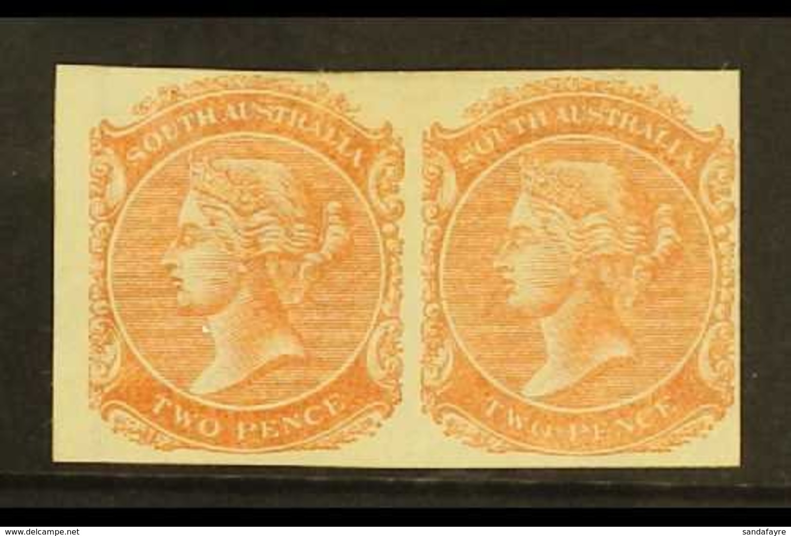 SOUTH AUSTRALIA 1876 2d IMPERF PLATE PROOF PAIR Printed In Orange Red On Watermarked Paper, Unused & Without Gum. Lovely - Other & Unclassified