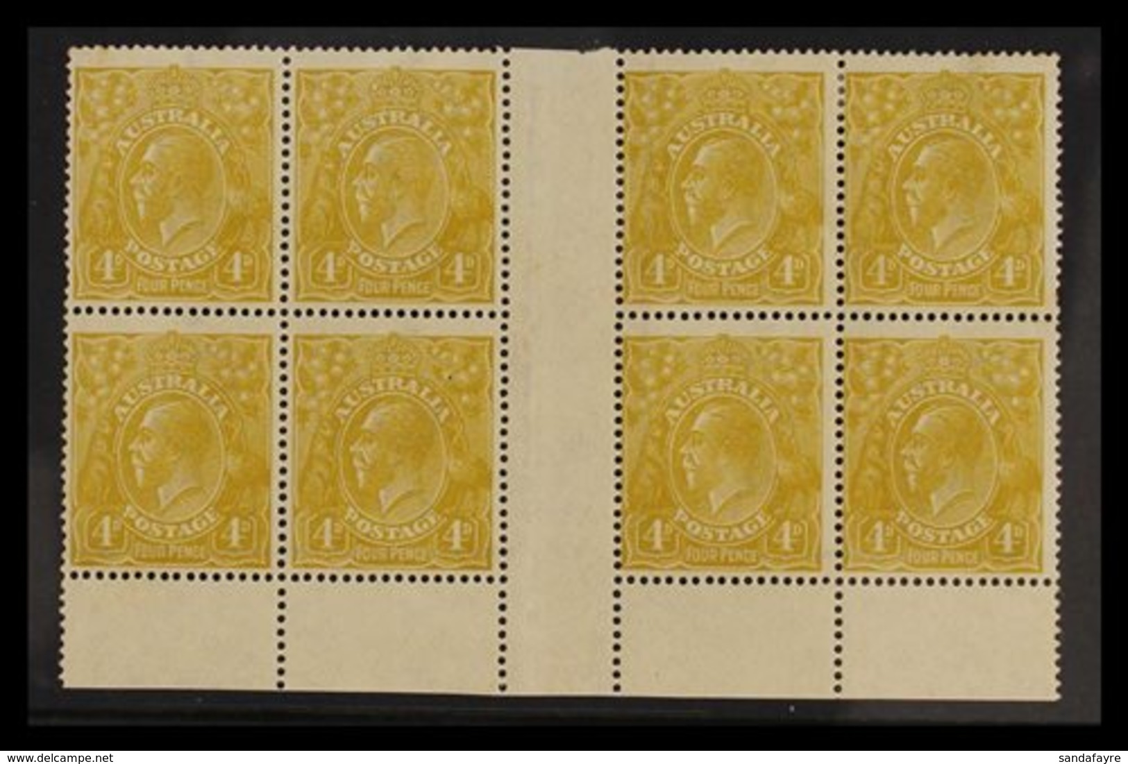 1924 KGV 4d Olive-yellow, SG 80, Lower Marginal INTERPANNEAU BLOCK OF EIGHT Mint, The Bottom Row Never Hinged, Light Eve - Other & Unclassified