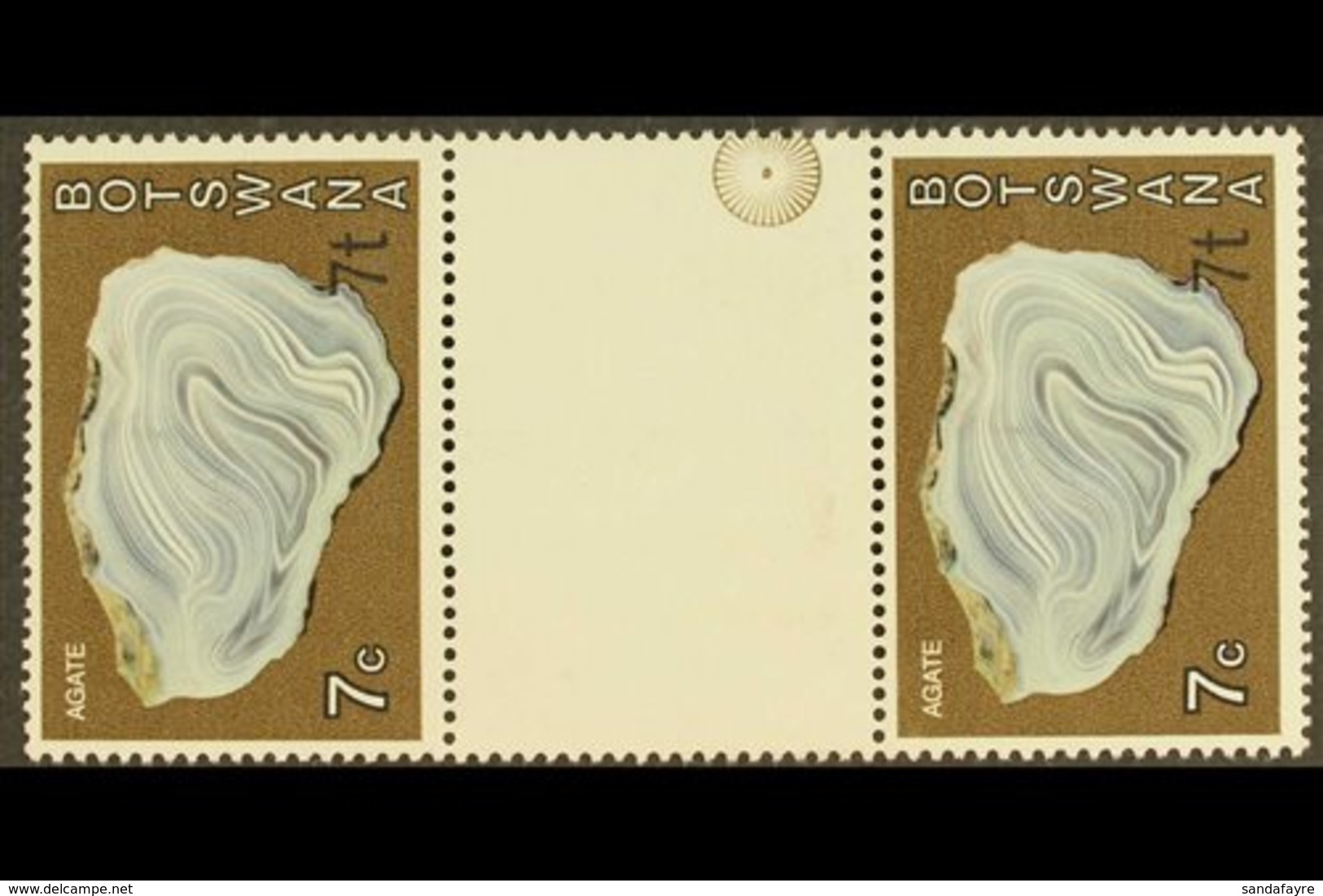 1976-7 7t On 7c Agate, Surcharge At Bottom Right, VERTICAL GUTTER PAIR, SG 372a, Never Hinged Mint. For More Images, Ple - Botswana (1966-...)