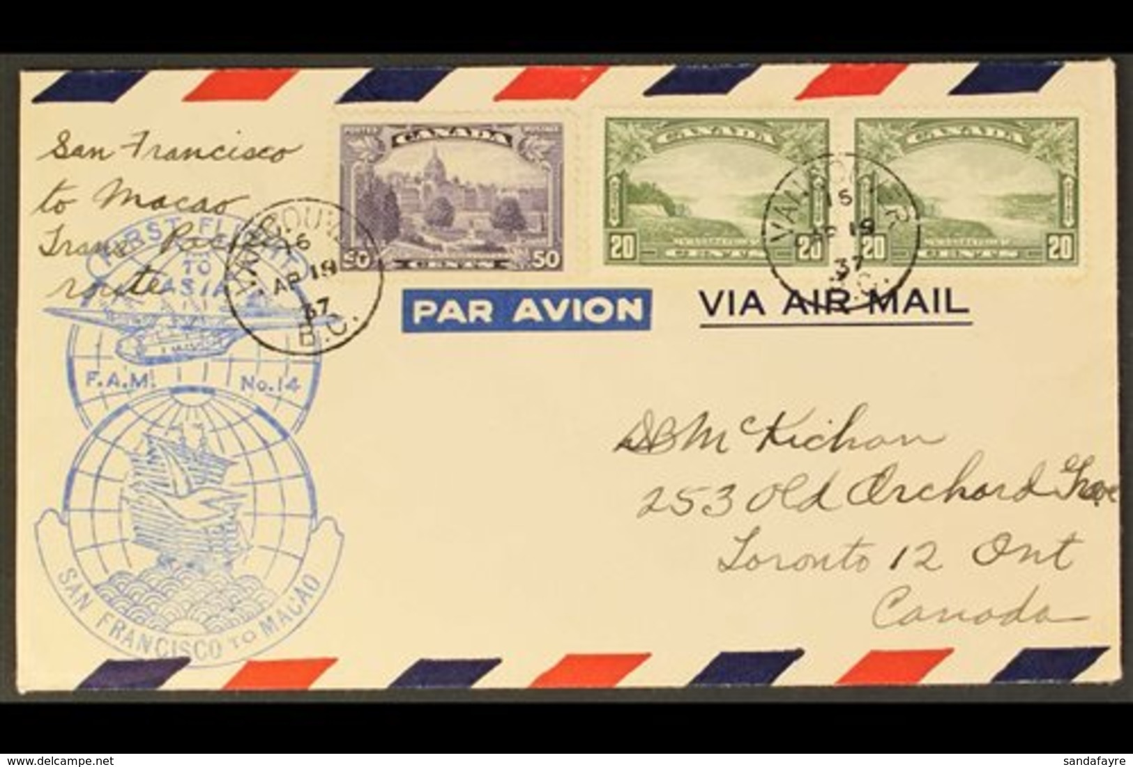 1937 FIRST FLIGHT COVER From San Francisco To Macau (FAM No 14), Bearing 1935 20c Olive Pair Plus 50c Violet, These Tied - Other & Unclassified