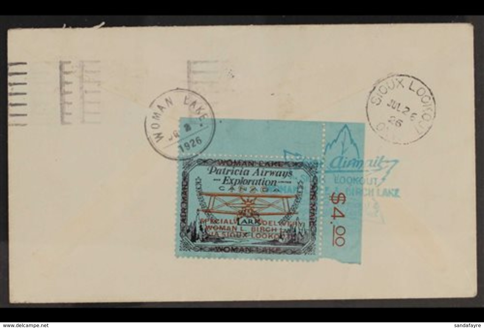 PRIVATE COMMERCIAL AIRLINES PATRICIA AIRWAYS AND EXPLORATION CO. LTD. 1926 (Aug 2) First Airmail "SIOUX LOOKOUT" Cover B - Other & Unclassified