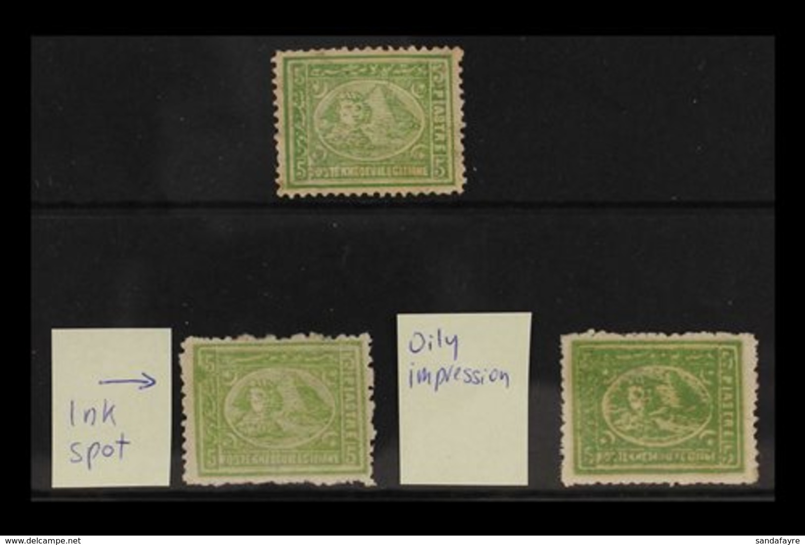 1874-75 5pi Green Sphinx & Pyramid Perf 12½, SG 41, Three Mint Examples (with Small Gum Faults) Inc One Oily Impression  - Other & Unclassified