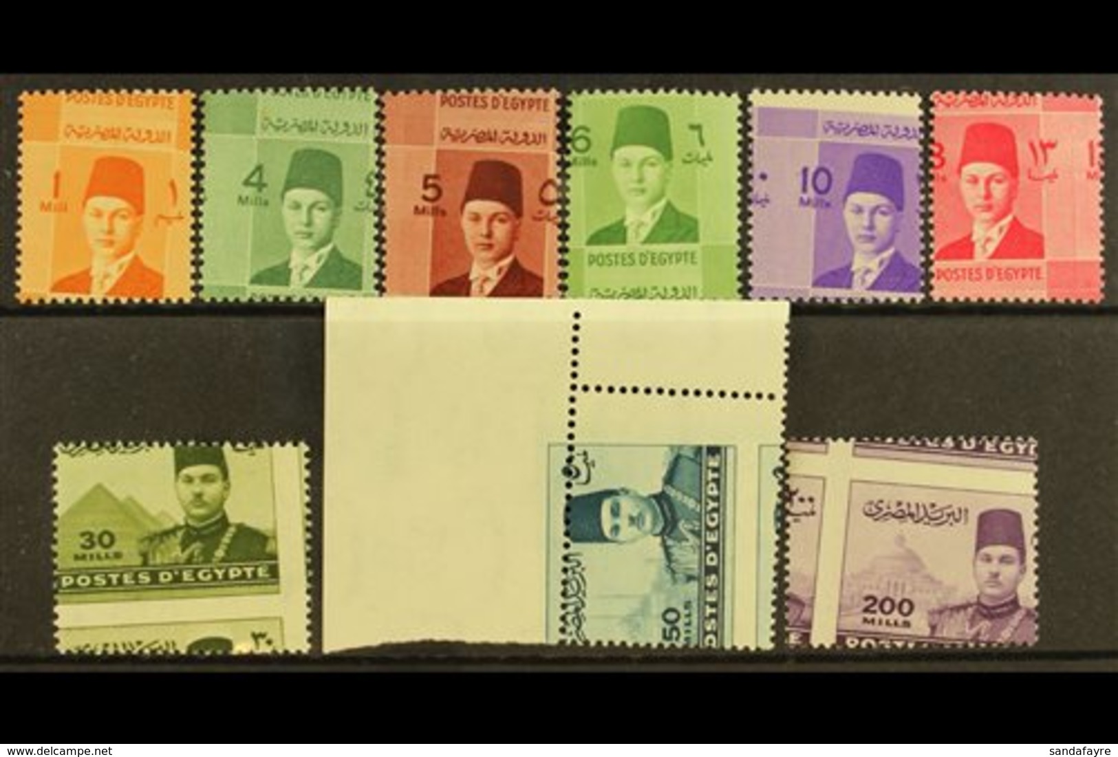 1937-46 OBLIQUE PERFORATIONS Young King Farouk 1m, 4m. 5m, 6m,, 10m, 13m, 30m Olive, 50m (corner Marginal) And 200m, Min - Sonstige & Ohne Zuordnung