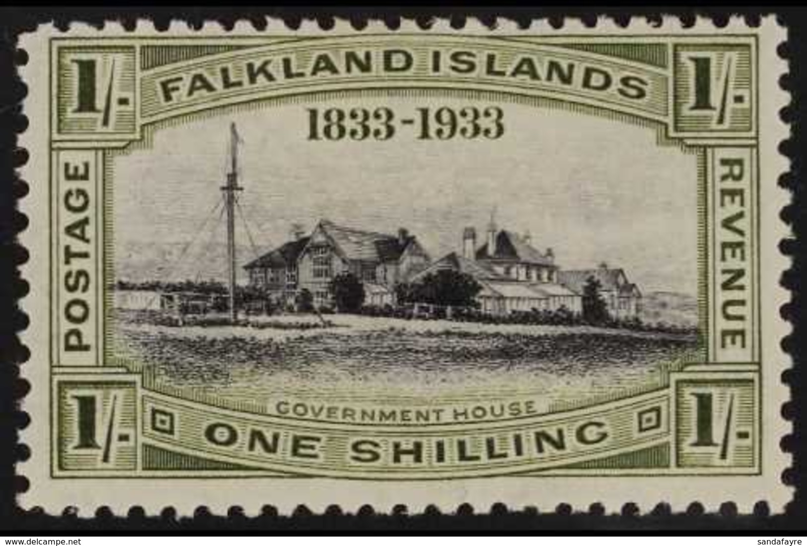 1933 1s Black And Olive-green Centenary "Government House - Stanley", SG 134, Fine Mint. For More Images, Please Visit H - Falkland Islands