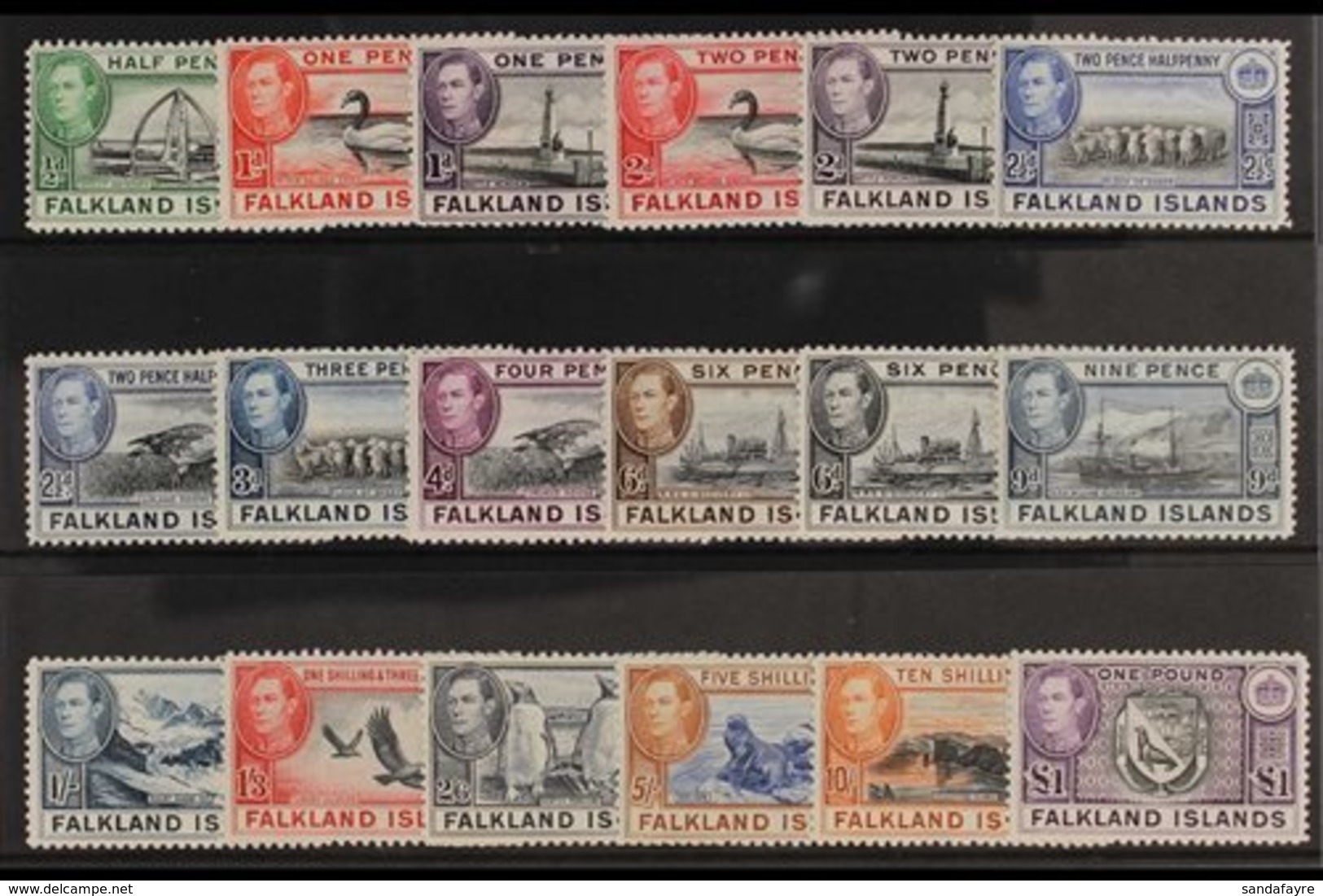 1938-50 NEVER HINGED MINT. An Attractive KGVI Definitives Complete Set, SG 146/63, Never Hinged Mint. Lovely Condition ( - Falkland Islands