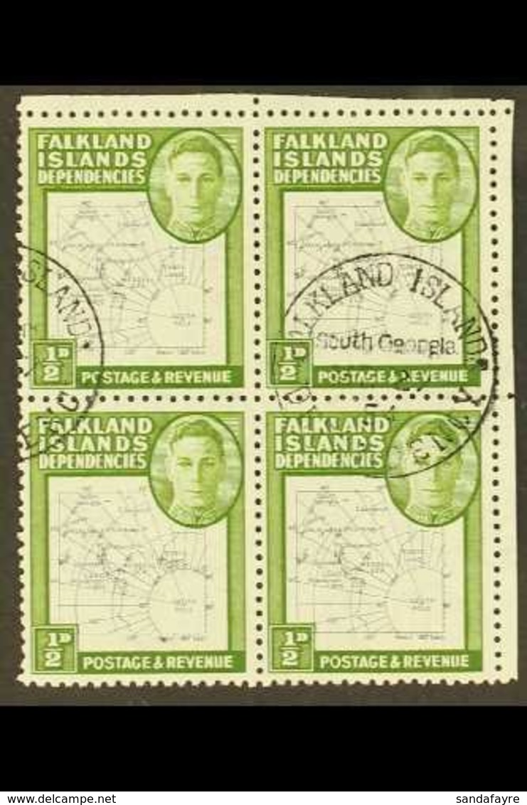 1946-49 SECONDARY PLATE FLAWS ½d Black And Green "Thin Map", SG G9, A Very Fine Used Upper Right Corner Block Of Four Sh - Falklandinseln