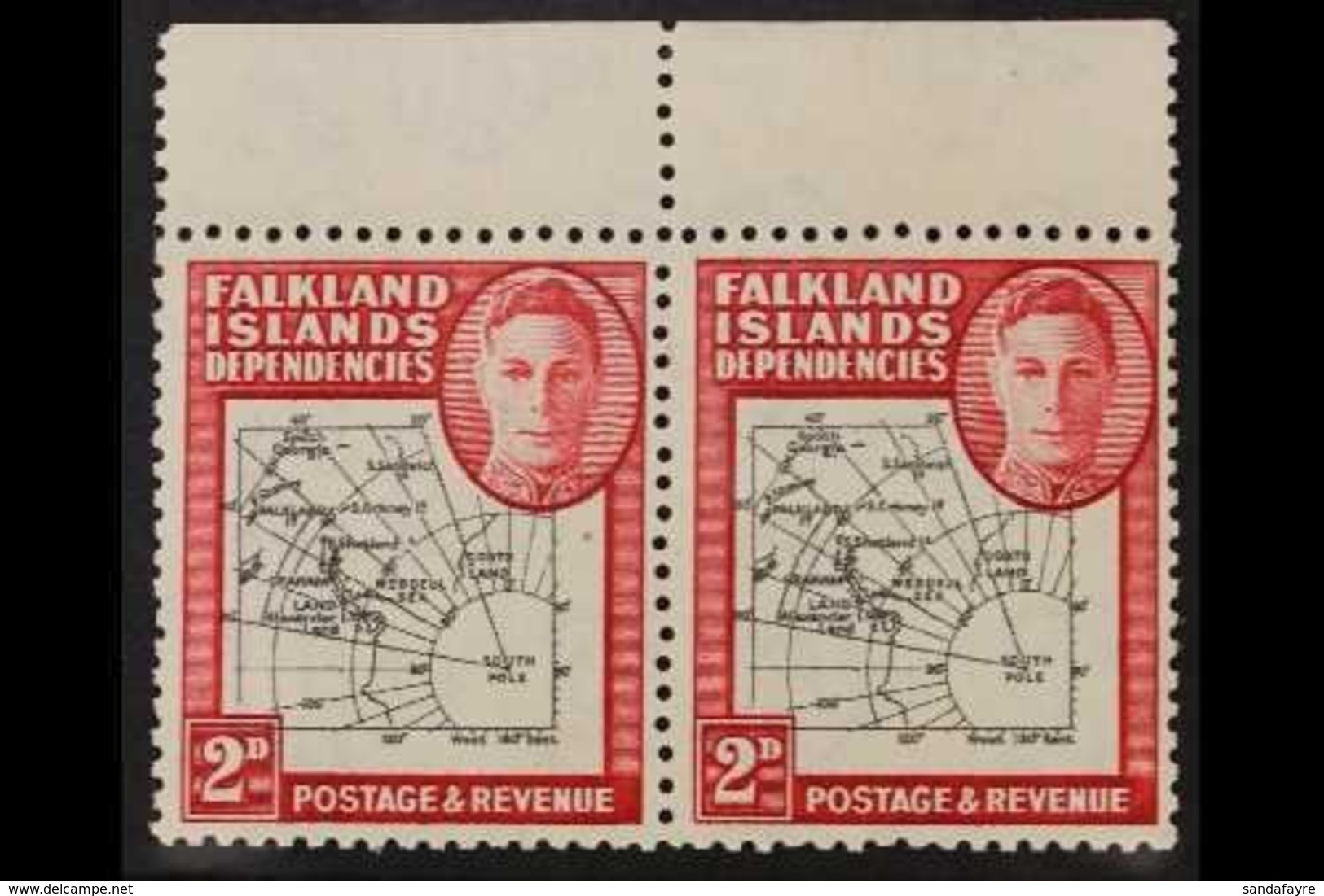 1946-49 VARIETY. 2d Black And Carmine Thick Maps With "MISSING  I " Variety (left Hand Stamp) In Pair With Normal, SG G3 - Falkland Islands