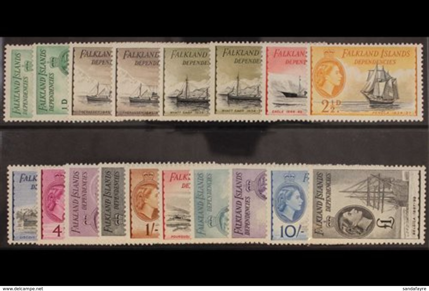 1954 Complete Set Including The DLR Printings,SG G26/40, G26a, 27b, 28a, Very Lighly Hinged Mint. (18 Stamps) For More I - Falkland