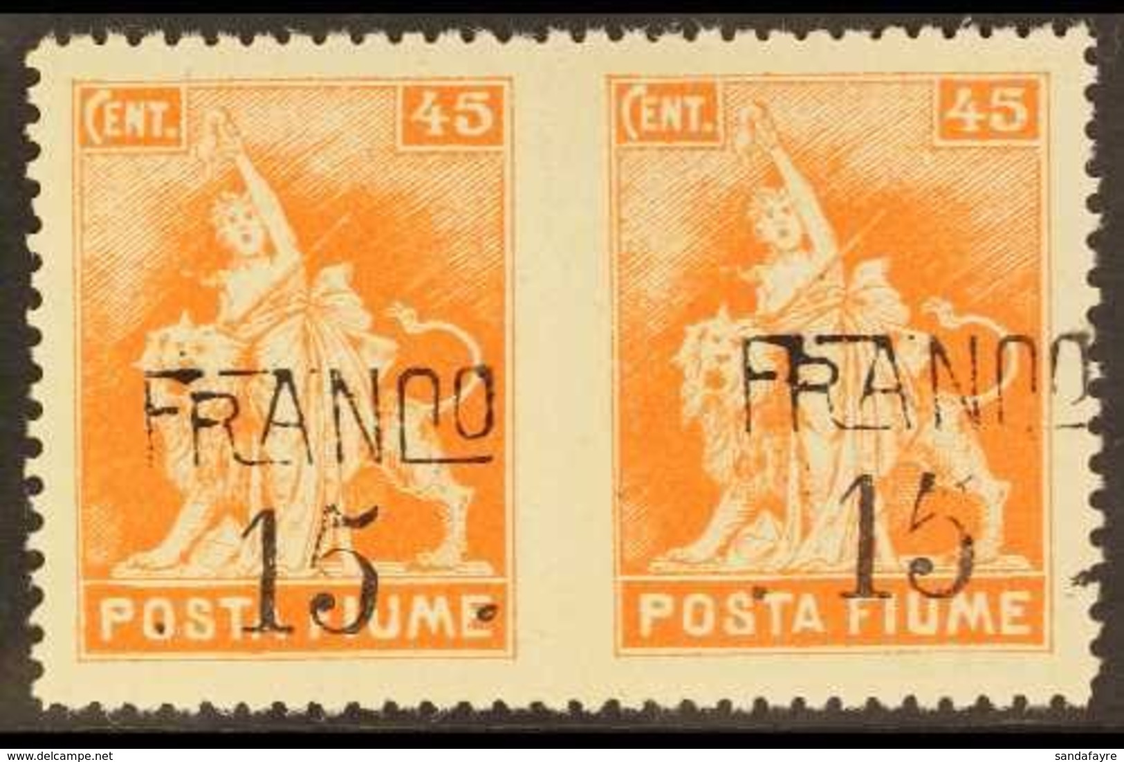 1919 15c On 45c Orange Surcharge Horizontal PAIR IMPERF BETWEEN Variety, Sassone D79o, Never Hinged Mint, Light Bend Bet - Fiume