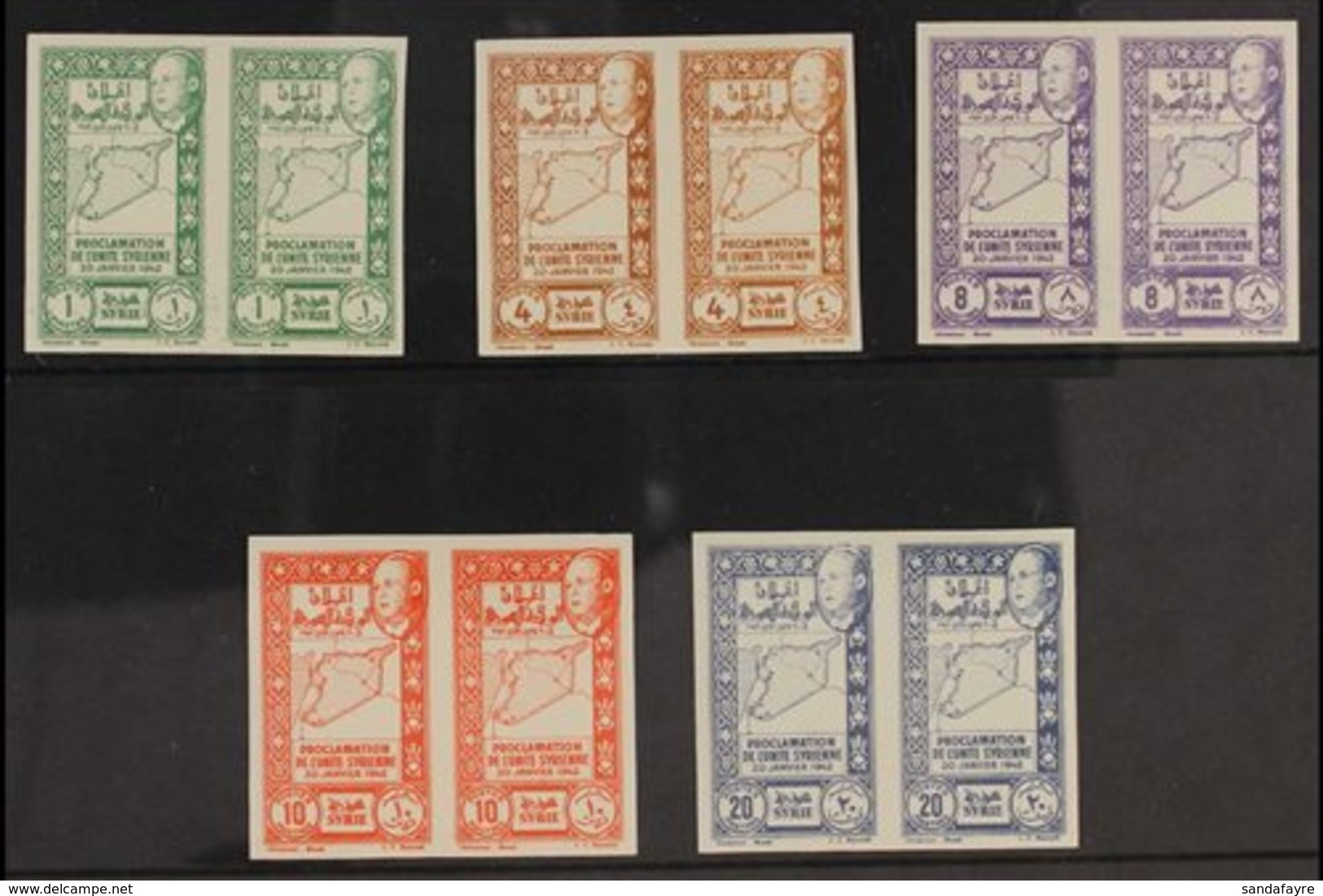 SYRIA 1943 Union Postage Complete IMPERF Set (Yvert 266/70, SG 367/71), Never Hinged Mint Horizontal IMPERF PAIRS. Very  - Other & Unclassified