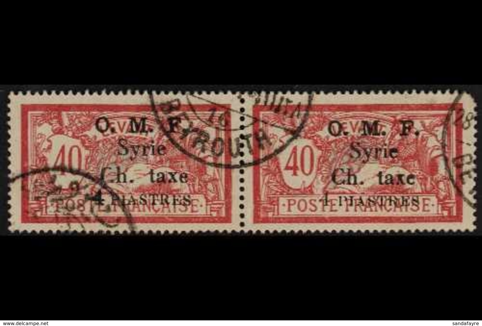 SYRIA POSTAGE DUE. 1920 4pi On 40c Red & Pale Blue (Merson) Pair, Bearing Variety "Thin 4" On Right Stamp, SG D51/51a, Y - Other & Unclassified