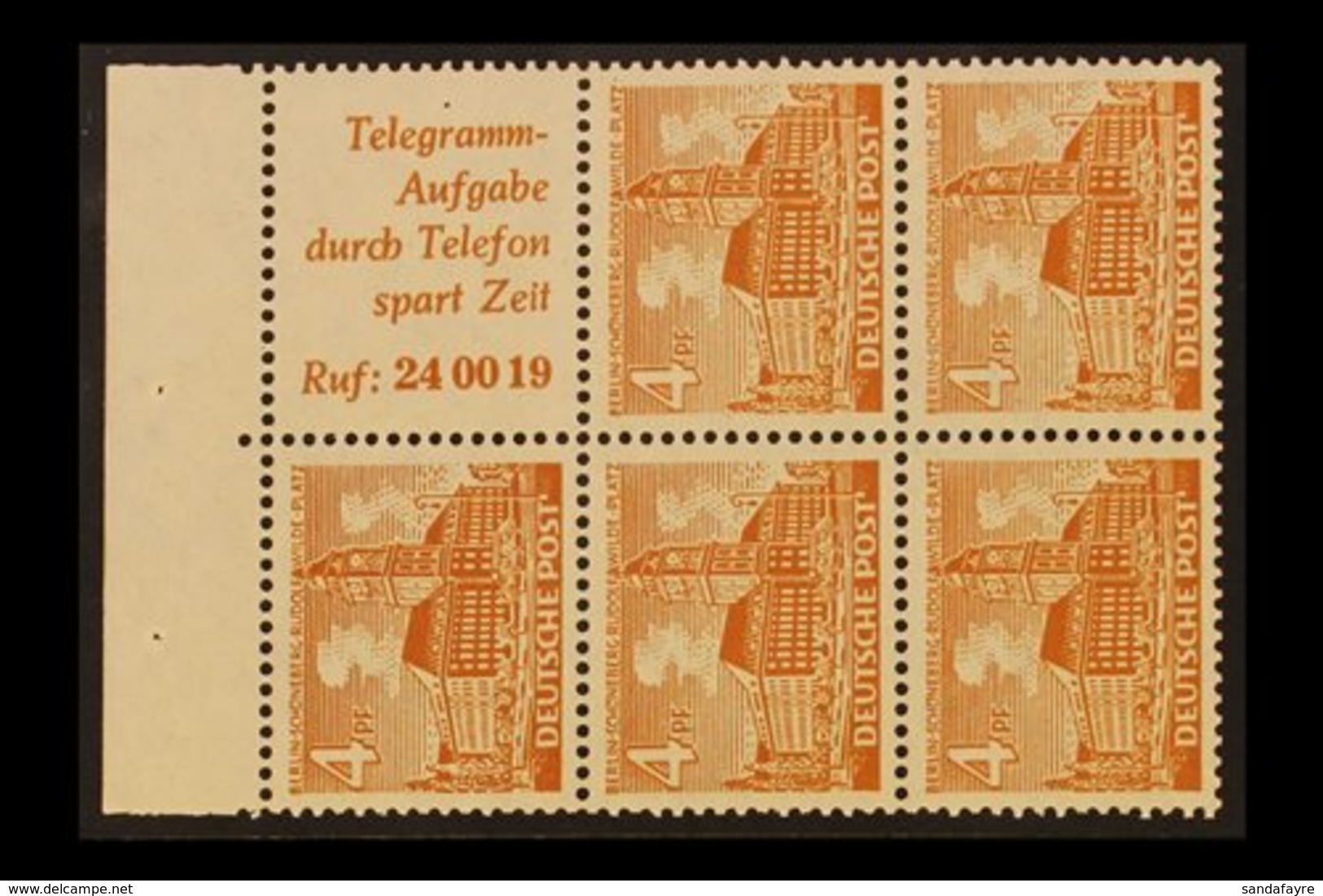 1952 4pf Orange-brown Buildings Complete Booklet Pane Of Five Stamps And One Vertical 'Ruf: 24 00 19' Label (Michel H-Bl - Other & Unclassified