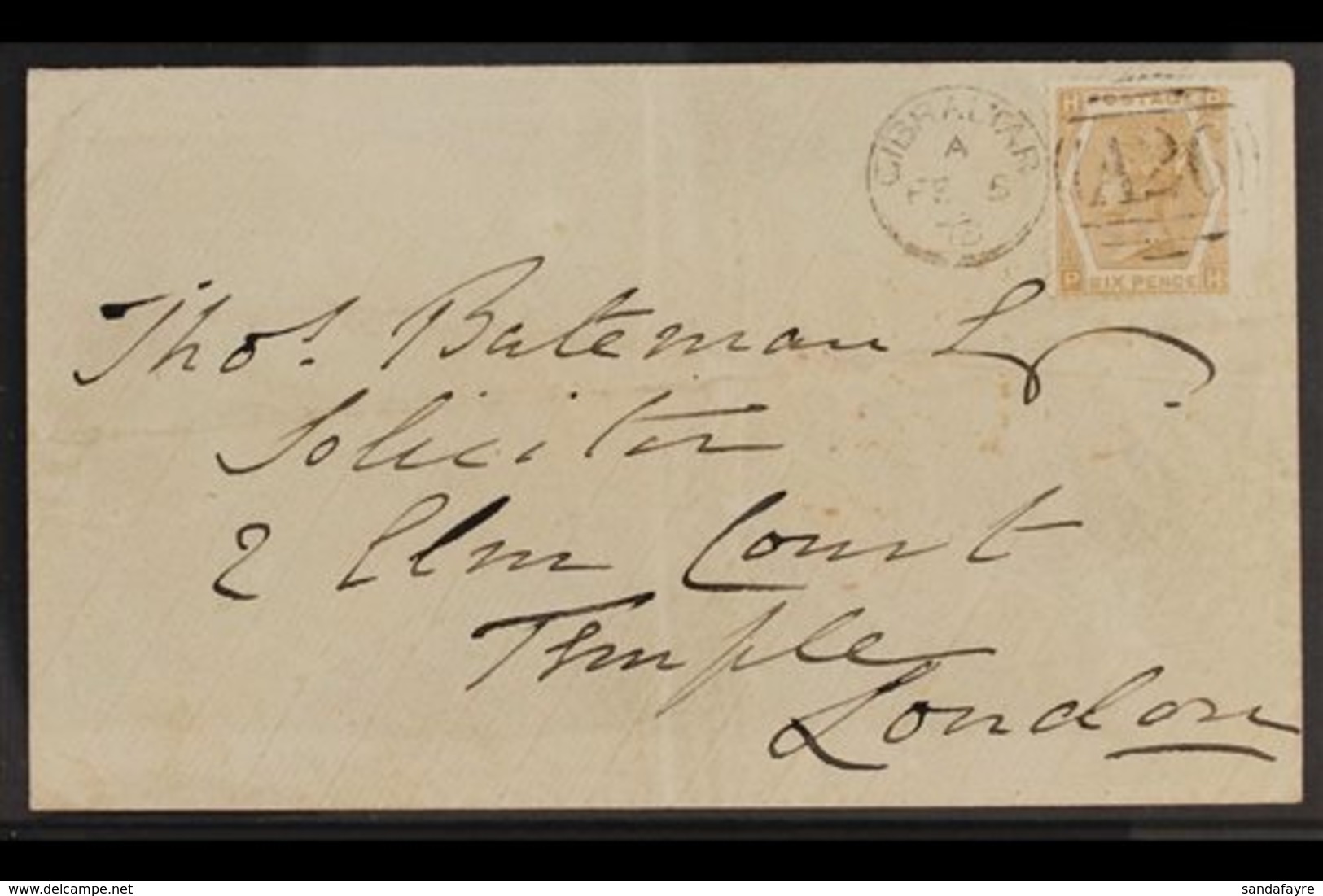 1873 (Feb 5th) Cover To London Bearing GB 1872 QV 6d Pale Buff Plate 11, (SG Z47), Tied By Complete & Upright Gibraltar  - Gibraltar