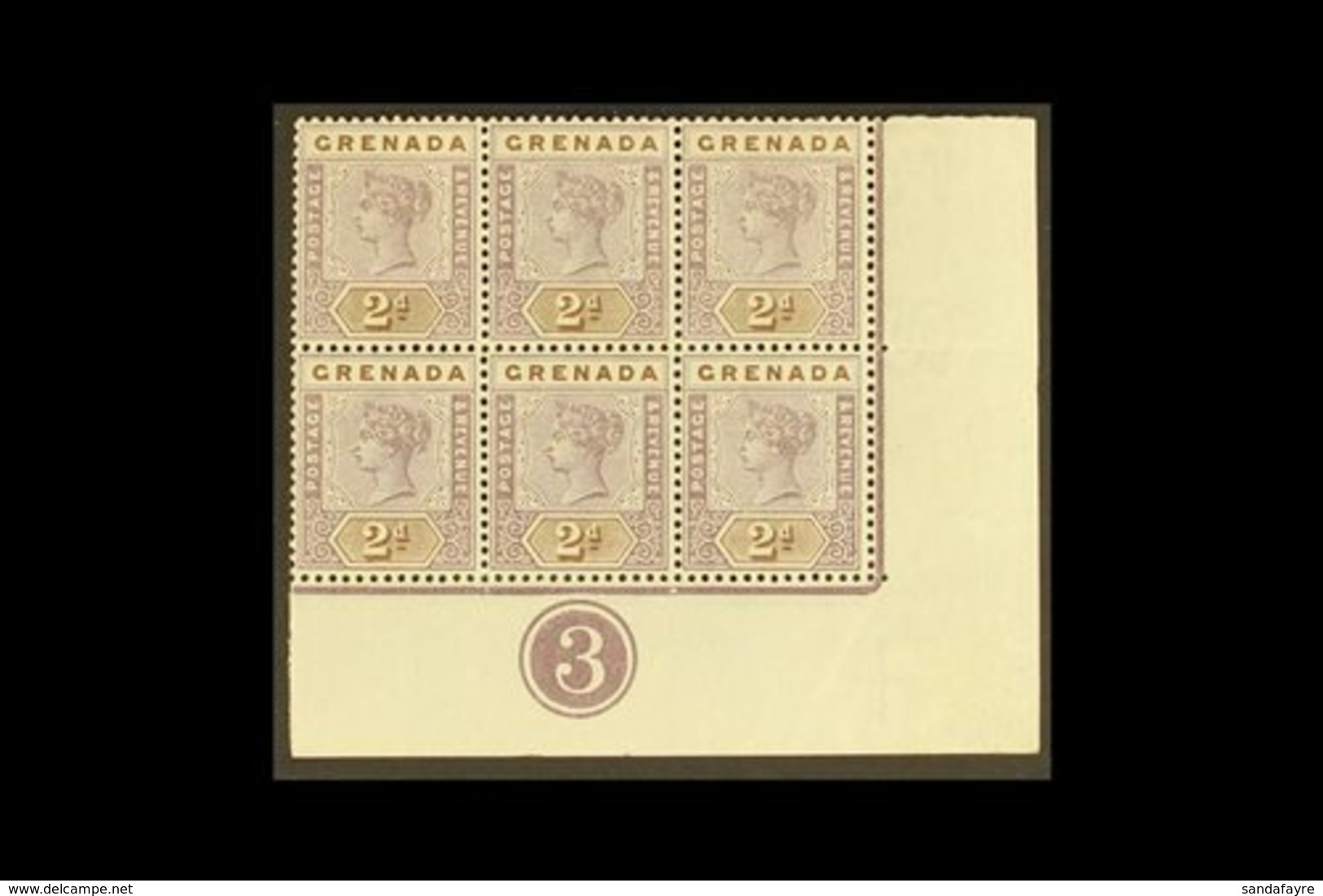 1895-99 2d Mauve And Brown, SG 50, Superb Lower Right Corner Plate "3" Corner Block Of Six, Stamps Never Hinged Mint Wit - Grenada (...-1974)