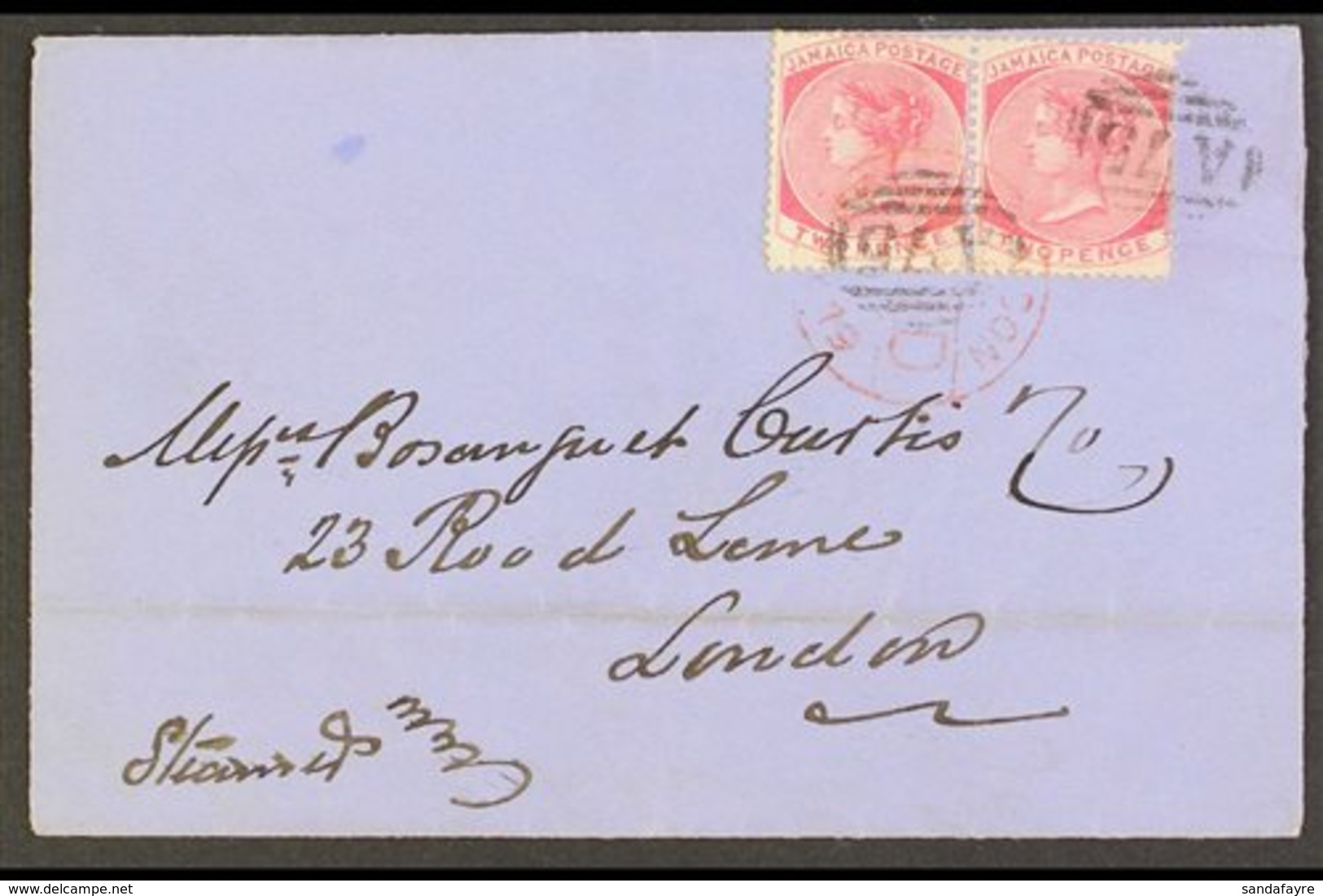 1879 (May) Neat Outer Wrapper To London, Bearing 2d Pair Tied A75 Cancels, Savannah La Mar And Kingston Cds's On Reverse - Jamaica (...-1961)